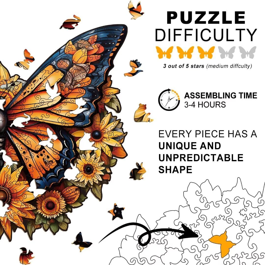 Wooden Puzzles for Adults - 200 Pieces Butterfly Unique Shaped Wooden Jigsaw Puzzles for Adults, Medium Size 10'' x 12'' Adult Wood Puzzles for Family Friend Game Offito