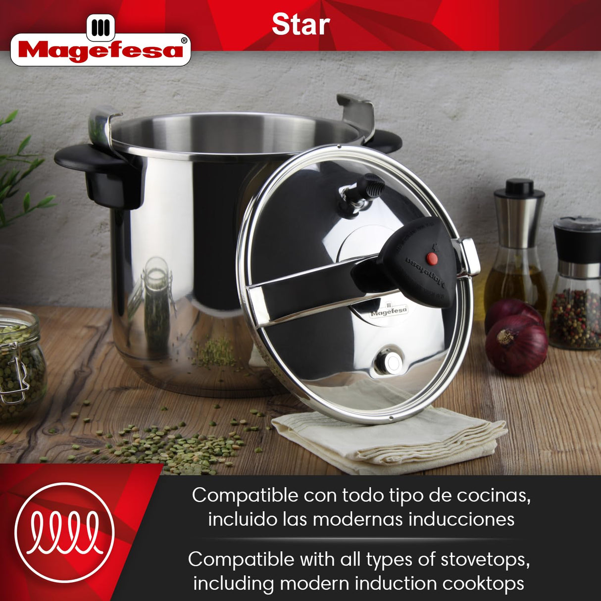 MAGEFESA Star Pressure Cooker, 4.2-Quart, 18/10 Stainless Steel, Works on All Stovetops (Induction Compatible), Safety Lock & 8 PSI Cooking MAGEFESA