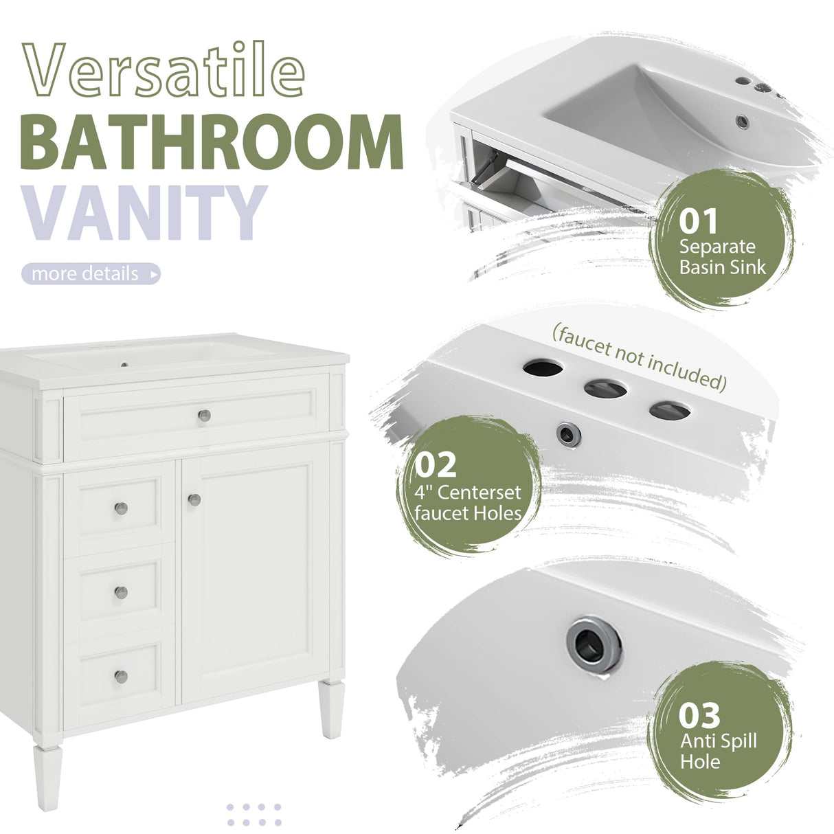 Marzzi 30" Bathroom Vanity Set with Matching Mirror Cabinet, Modern Single Sink Bathroom Vanity with Storage Cabinet, 2 Drawers & Tip-Out Drawer, Medicine Cabinet, Solid Wood Frame Marzzi