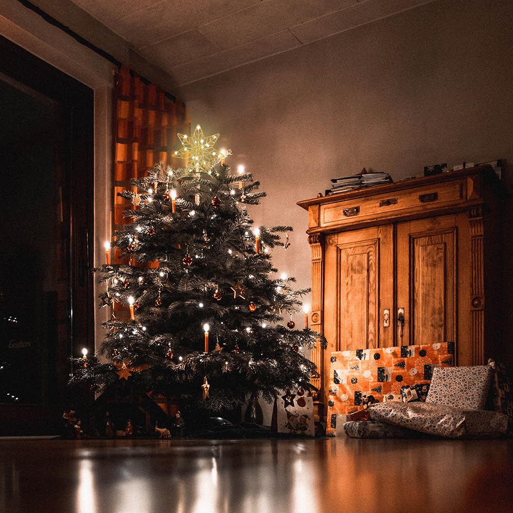 YEAHOME Christmas Tree Topper, Gold Glittered Hollow 7-Point Star Tree Topper, Lighted Wire Star with 20 LED Lights for Christmas Treetop, Xmas Tree Topper with Timer, Christmas Tree Decorations YEAHOME