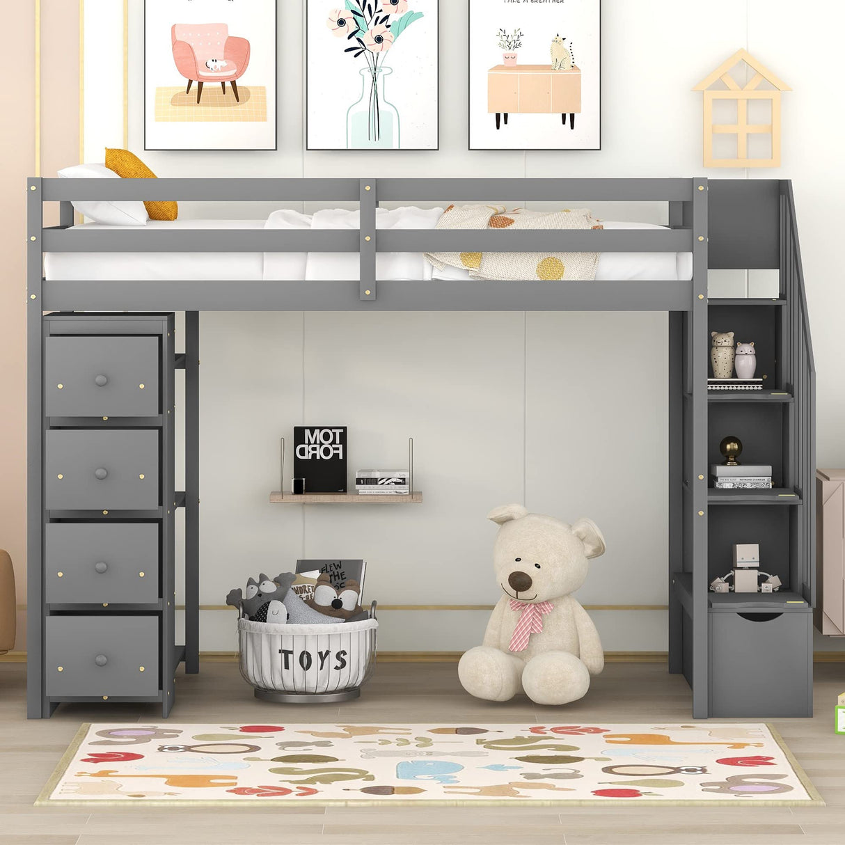 Bellemave Modern Twin Loft Bed with Stairs, Storage Drawers, and Shelves in Grey Bellemave