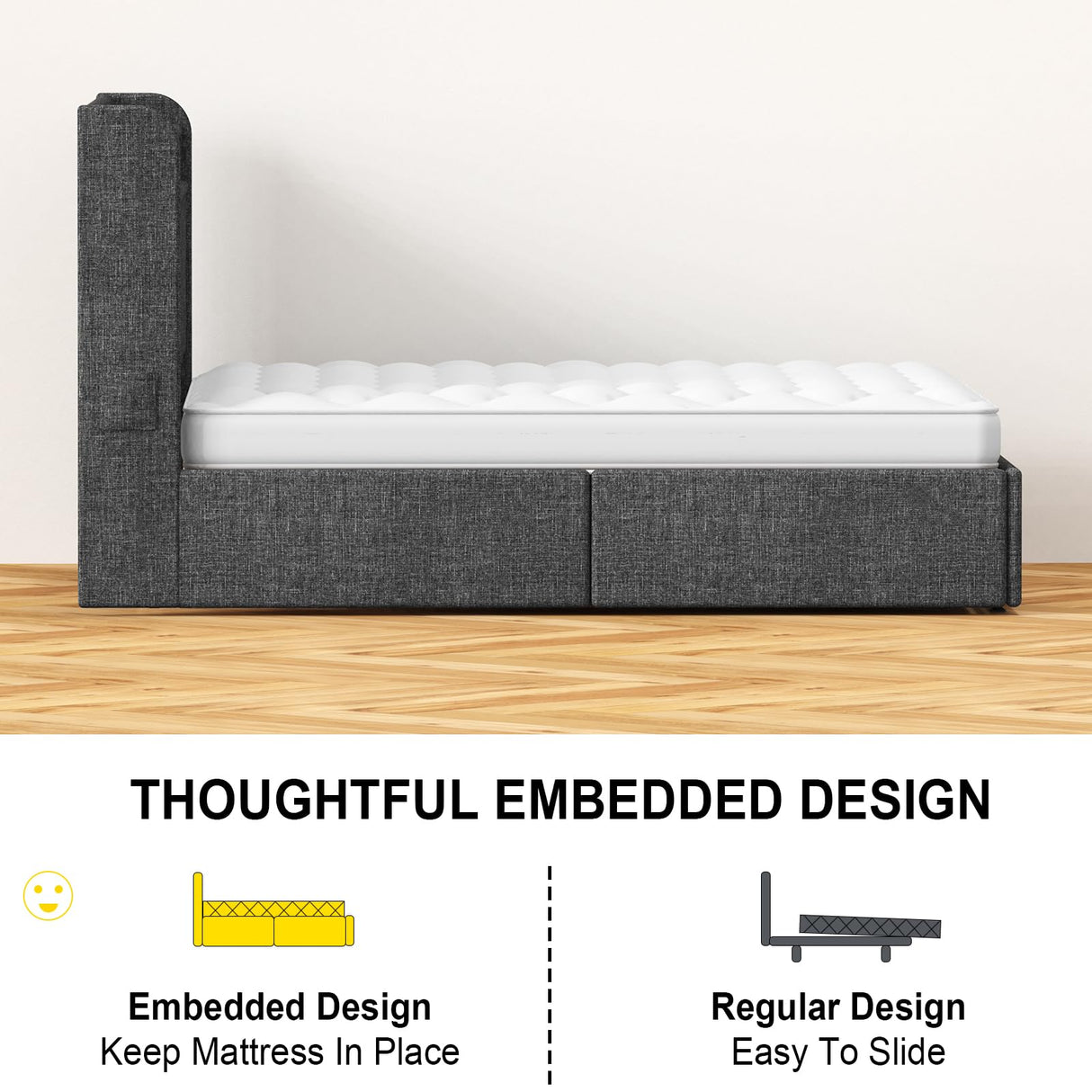 King Size Bed Frame and 2-Tier Headboard, Upholstered Led Bed Frame with 4 Storage Drawers, Led Light and Charging Station, Wooden Slats Support, No Box Spring Needed, NO Noise, Easy Assembly EasyCom