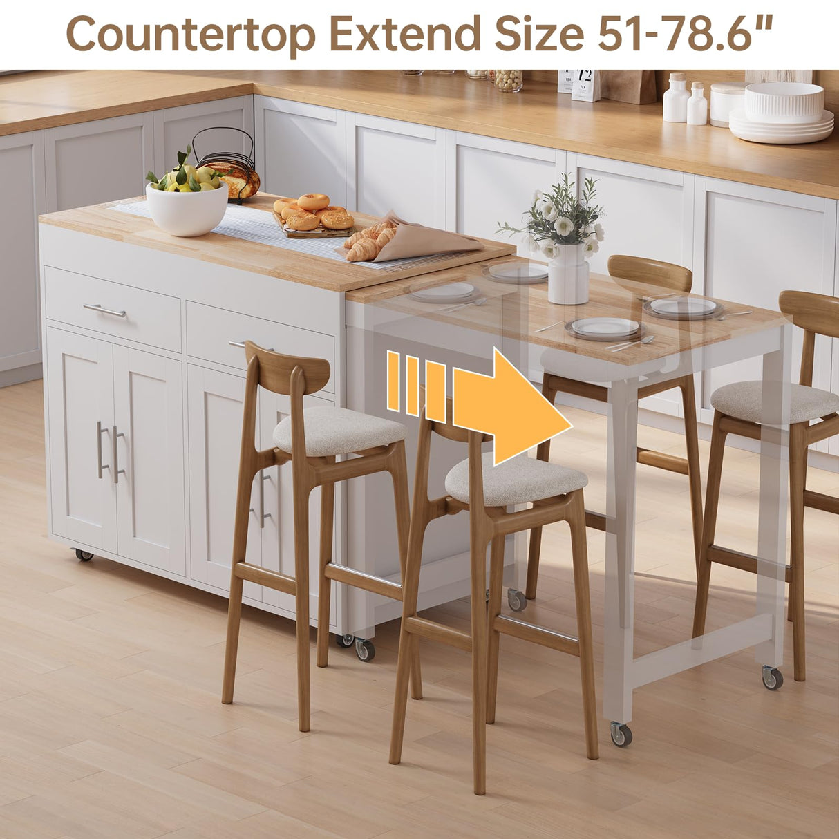 OtterOasis 78" Rolling Kitchen Island with Extendable Table, Mobile Kitchen Islands with Storage for 2-4, 3 in 1 Island Cart on Wheels for Small Space with 2 Drawers & 4 Door Cabinet, White OtterOasis