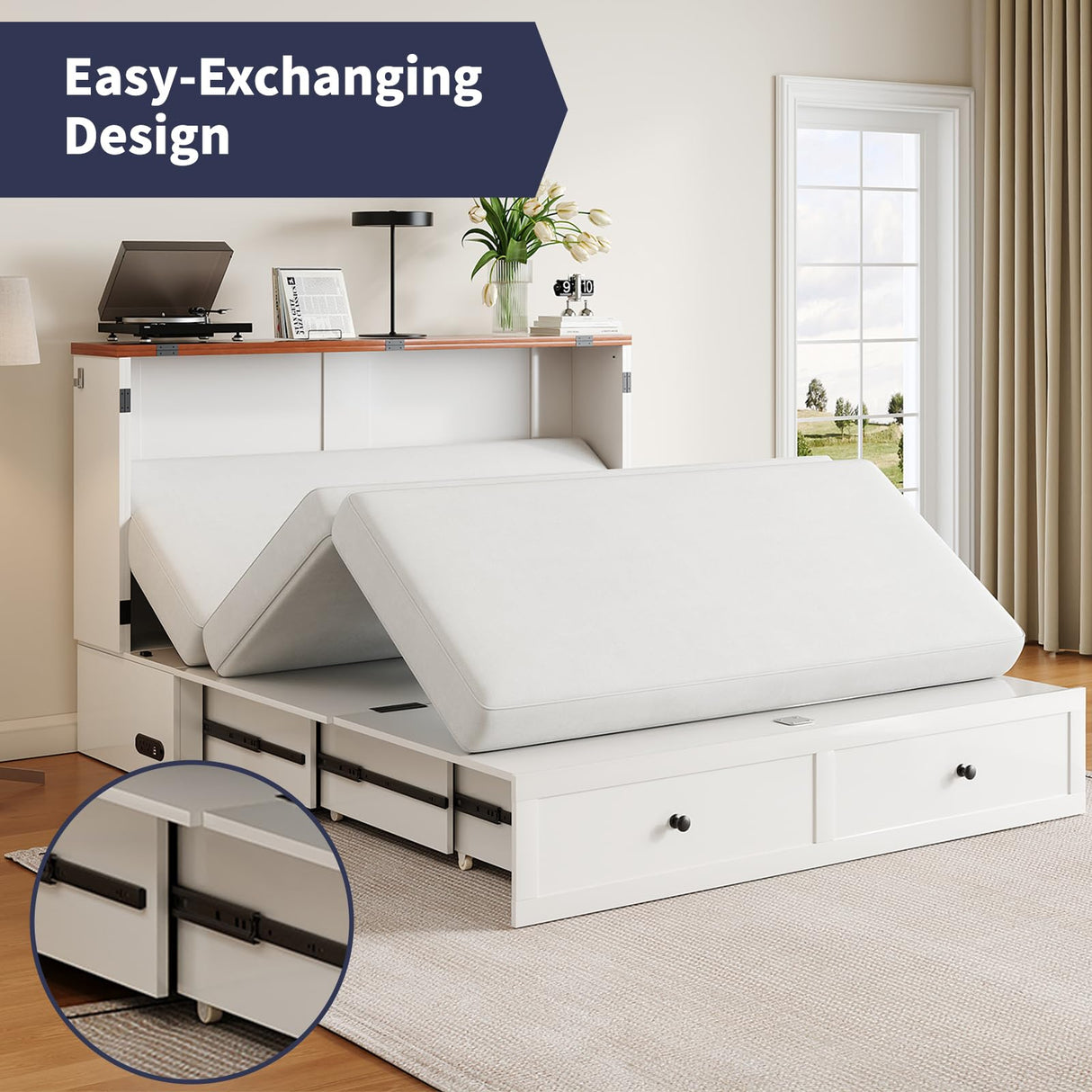 ZAFLY Murphy Bed Full Size, Cabinet Bed with Tri-Folding Mattress & USB Charging Station & Storage Drawers, Modern Multifunctional Cabinet Murphy Beds, Saving Spaces Hidden Guest Beds - White ZAFLY