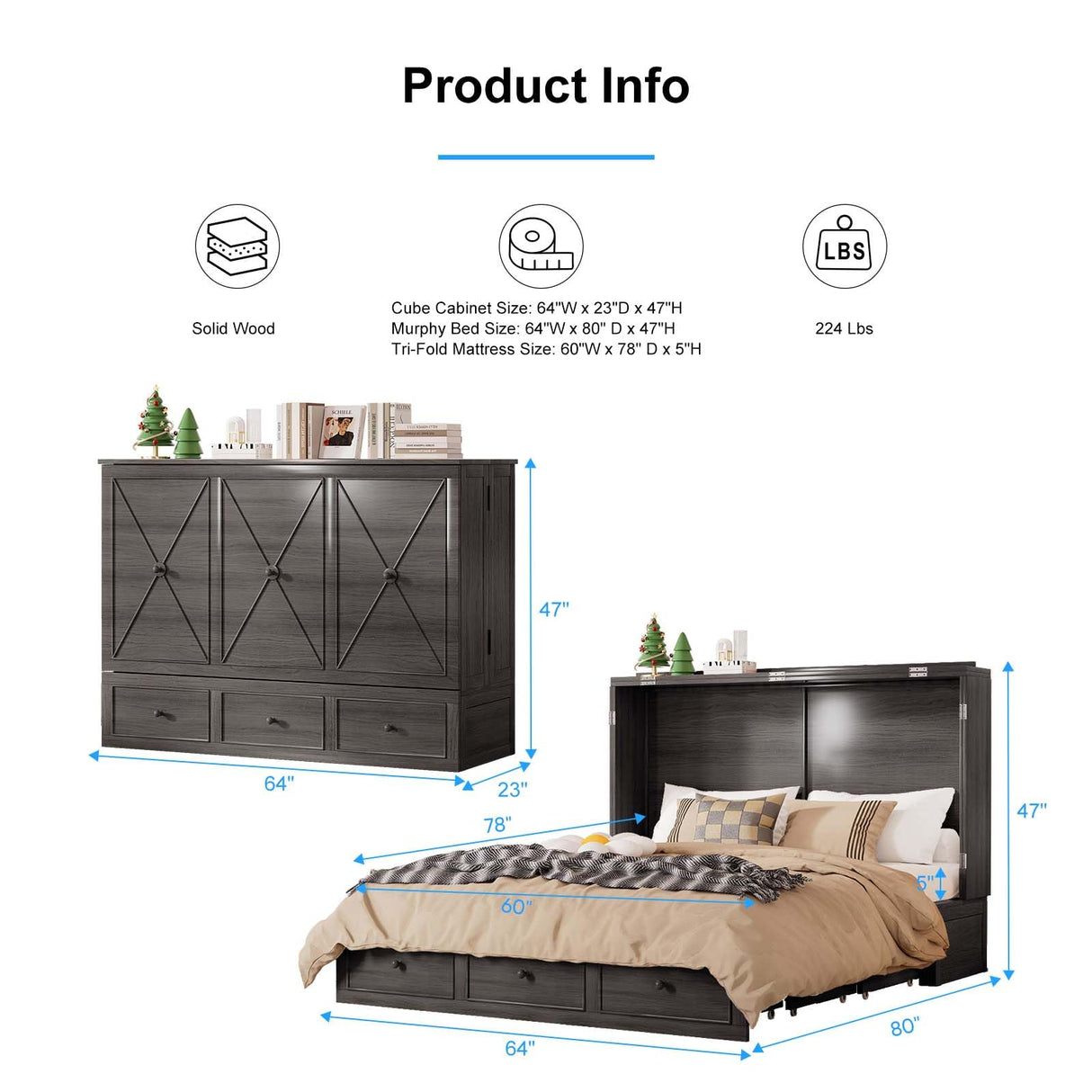 PUREMIND Queen Murphy Bed with 2 Storage Drawers, Hidden Murphy Cabinet Bed with Mattress, Murphy Chest Beds with Built-in USB Charging Station and Headboard for Bedroom, Guest Room PUREMIND
