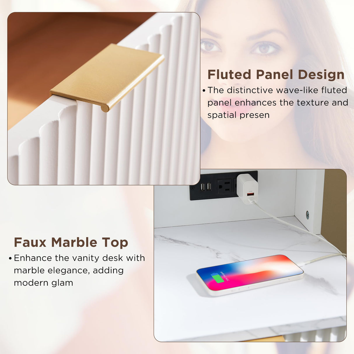 T4TREAM 48" Fluted Makeup Vanity Desk with Large 36" Mirror and Lights, Modern Glass Top Big Vanity Table with 5 Drawers & Adjustable Shelves, Dressing Table Set w/Charging Station for Bedroom, White T4TREAM