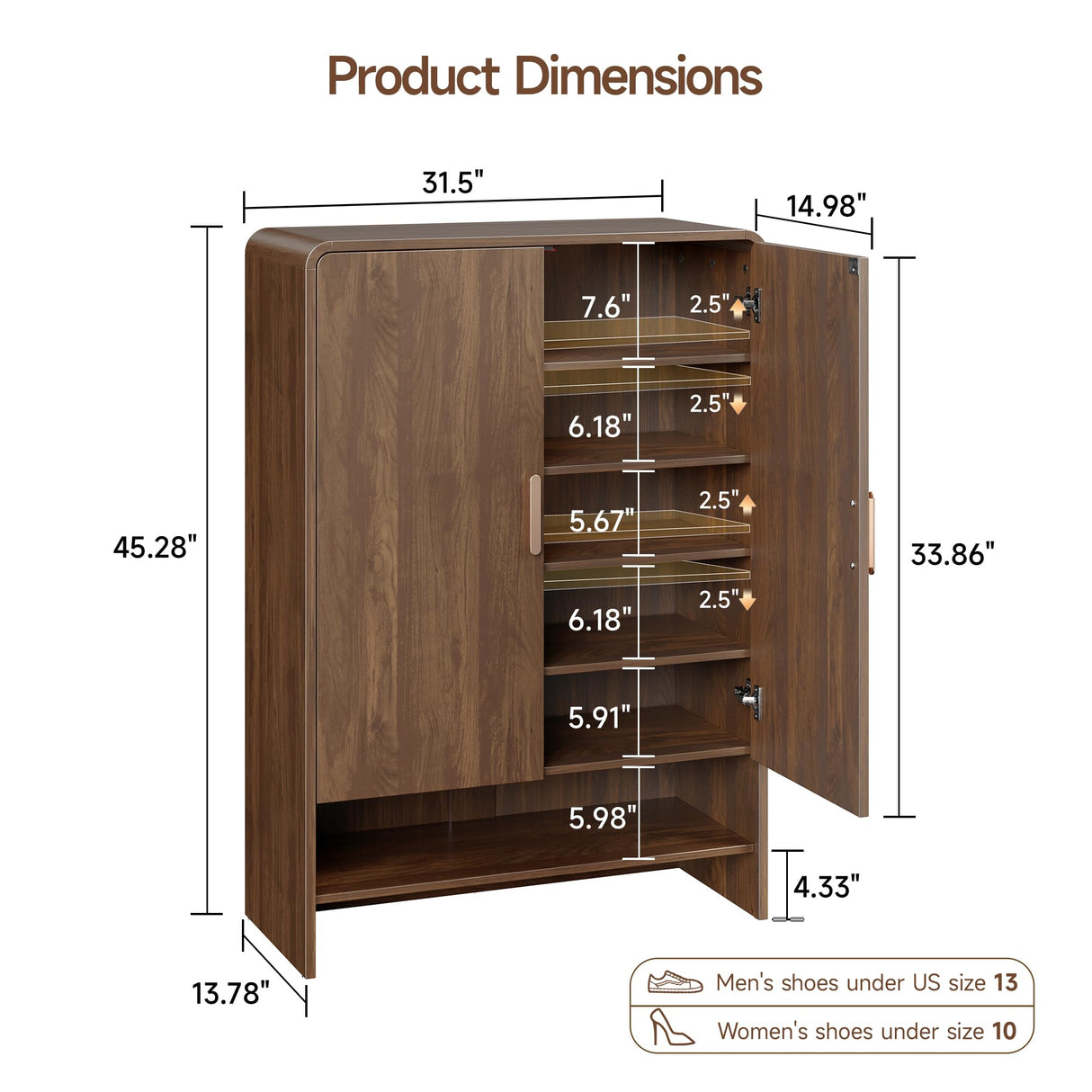 ONBRILL 6-Tier Shoe Storage Cabinet, 45'' Large Farmhouse Shoe Cabinet for Entryway, Modern Wooden Shoe Rack Organizer with Doors and Shelves, for Front Door Hallway (Walnut) ONBRILL