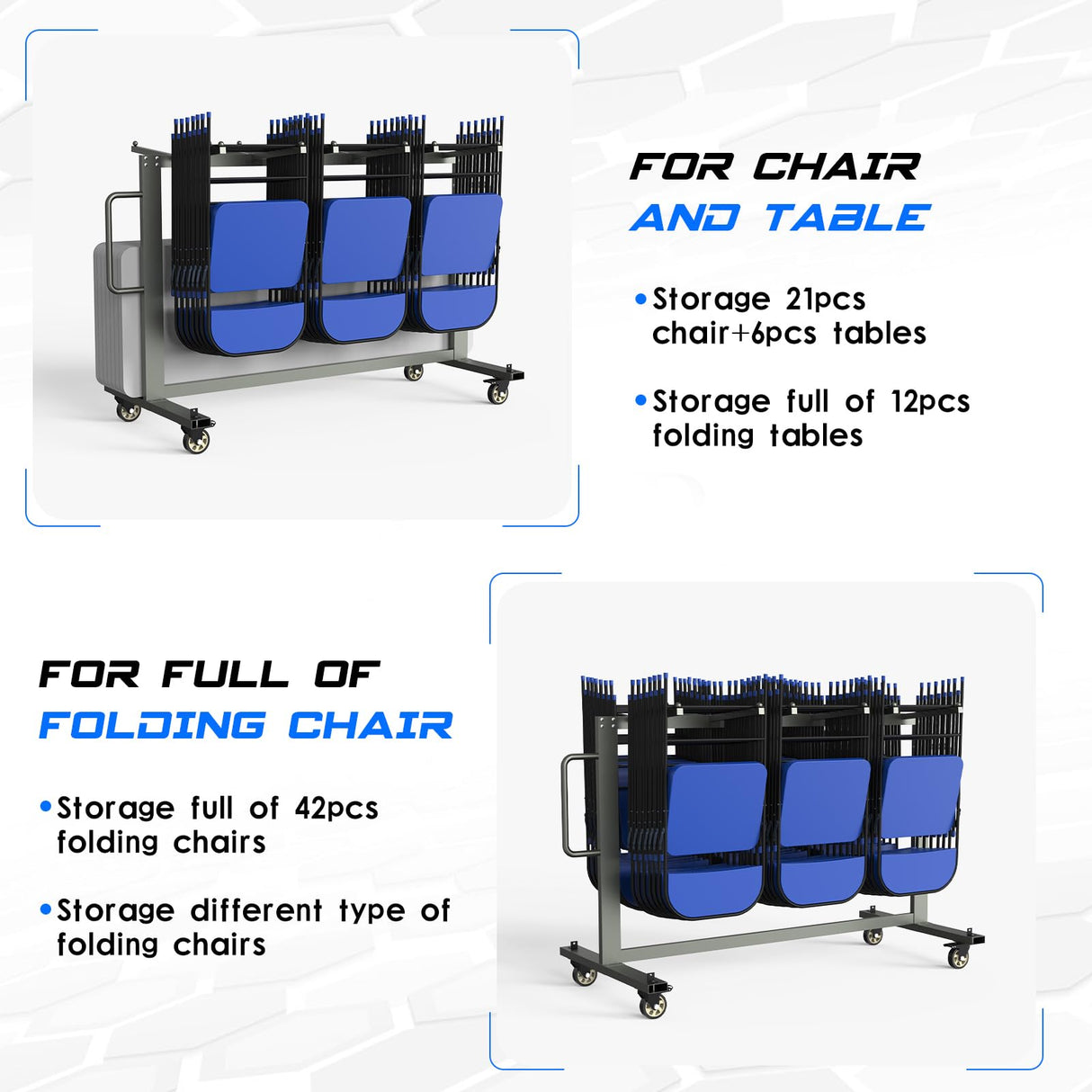 Grey Folding Chair and Table Cart, 400LBS Weight Capacity Folding Chair Dolly with 4In Swivel Wheels Make Storing and Transporting Chairs Easy Chair Storage Rack with Straps and Cover to Space Saving Qinqi