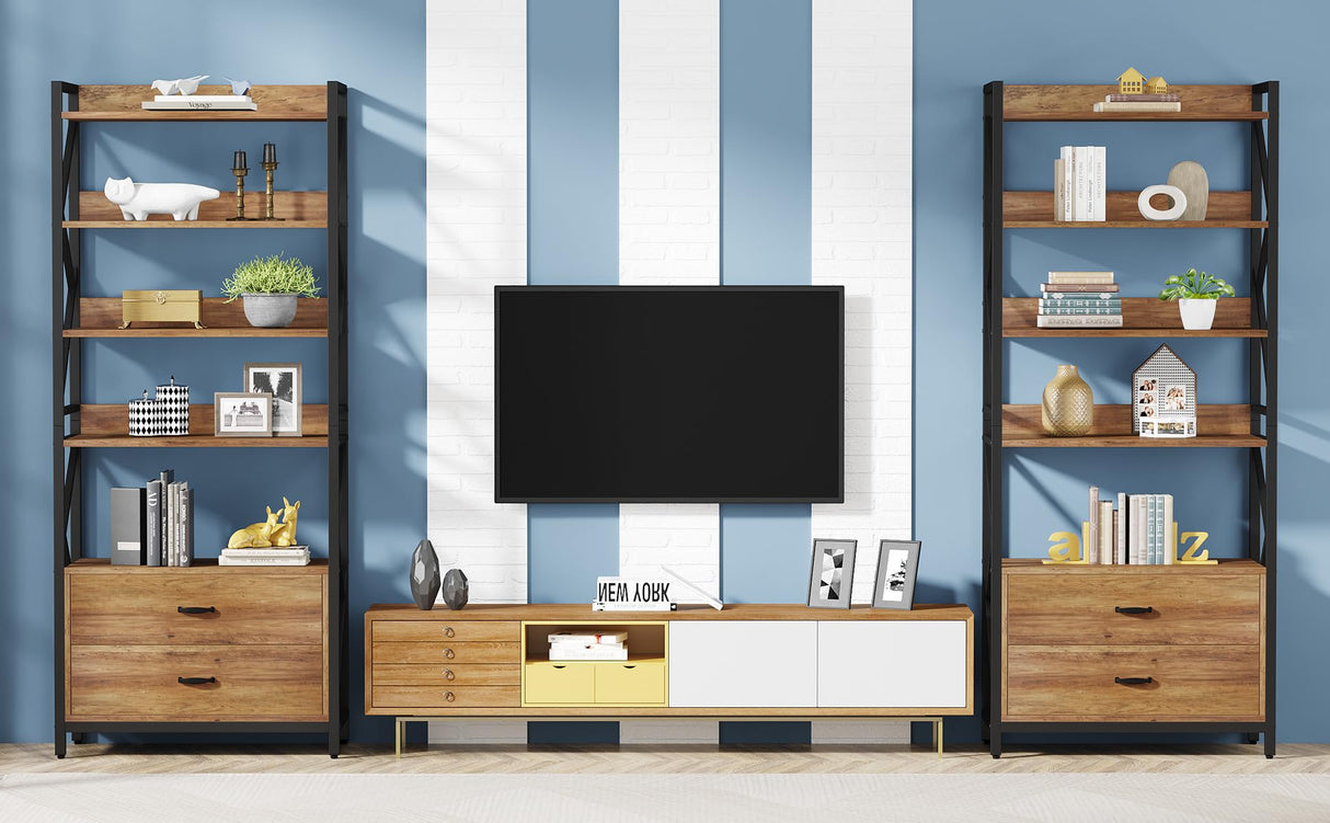 Tribesigns 70.8" Rustic Brown Industrial Bookshelf with Drawers and Open Shelves Tribesigns