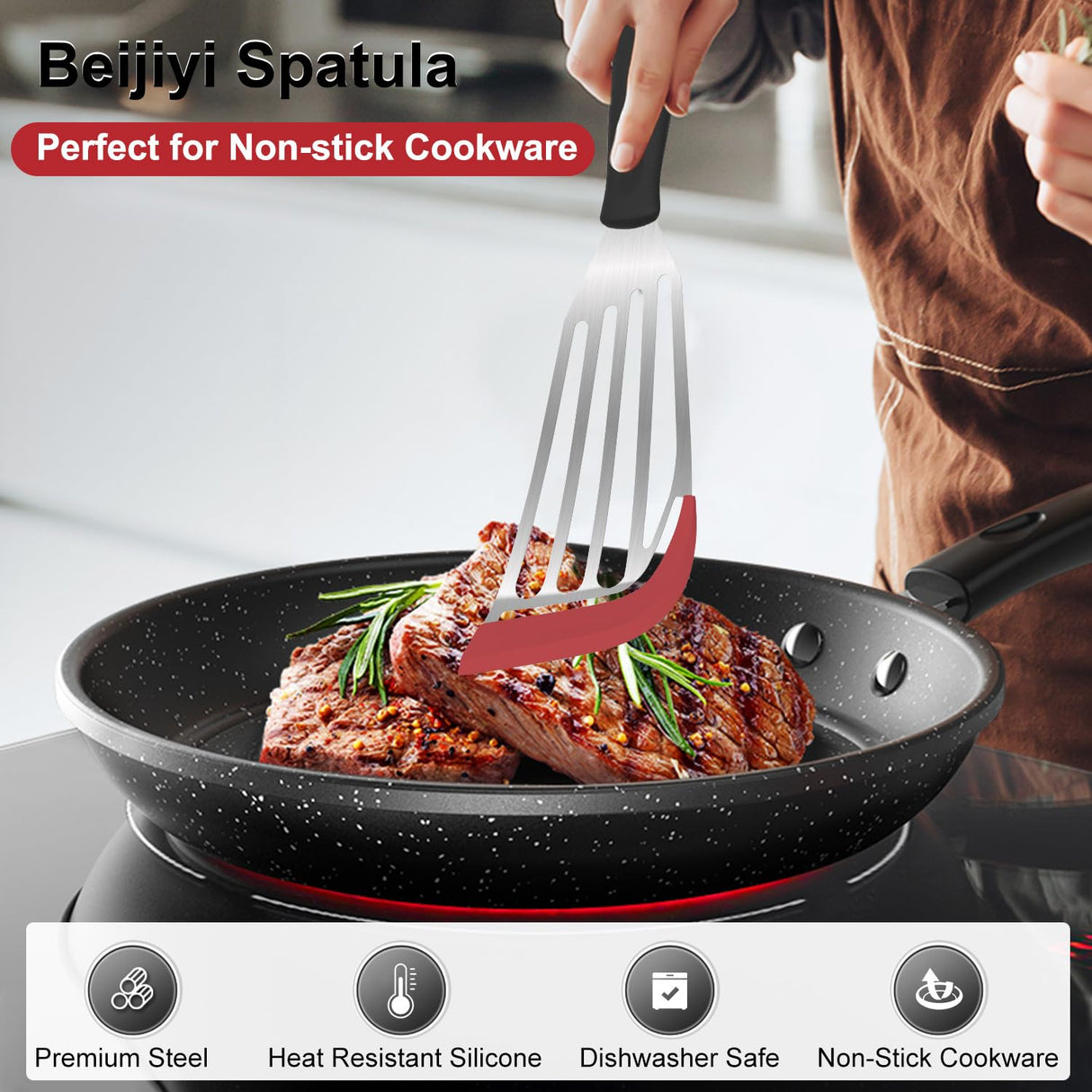 Beijiyi Fish Spatula Turner Set of 2, Heat Resistant Silicone Edge Slotted Fish Spatulas for Nonstick Cookware, Flexible and Thin Stainless Steel Kitchen Cooking Spatula Flipper for Fish, Egg, Pancake Beijiyi