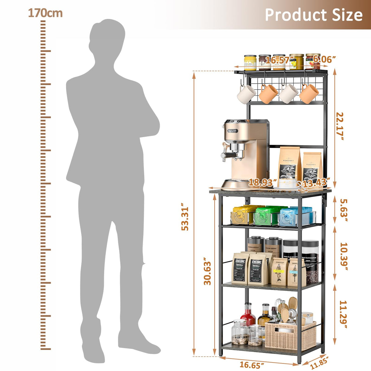 5 Tier Coffee Bar Station, Coffee Stand Station with 4 S-Shaped Hooks, Farmhouse Corner Coffee Bar for Small Spaces, Bakers Rack for Kitchen, Entryway, Living Room, 13.43"D x 18.93"W x 53.31"H,Gray DAOUTIME