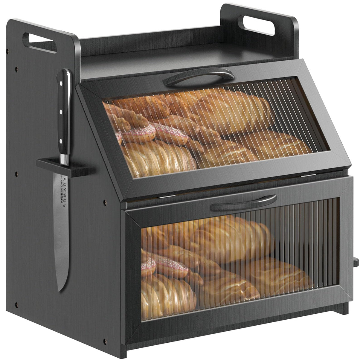 Bread Box, Bread Box for Kitchen Countertop, Large Bread Storage Container for Homemade Bread, Wooden Farmhouse Breadbox Organizers, Double Layer Bread Bin with Acrylic Window Bread Holder,Black TQQDCI