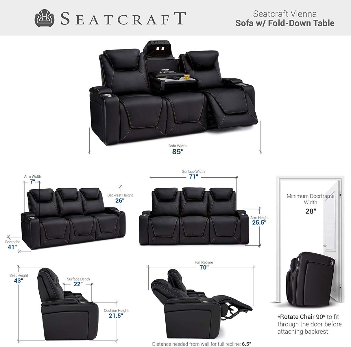 Seatcraft Vienna Home Theater Seating - Living Room - Italian Leather - Power Recline - Power Headrest - Powered Lumbar - AC USB Charging - Cup Holders - (Sofa with Fold Down Table, Brown) Seatcraft