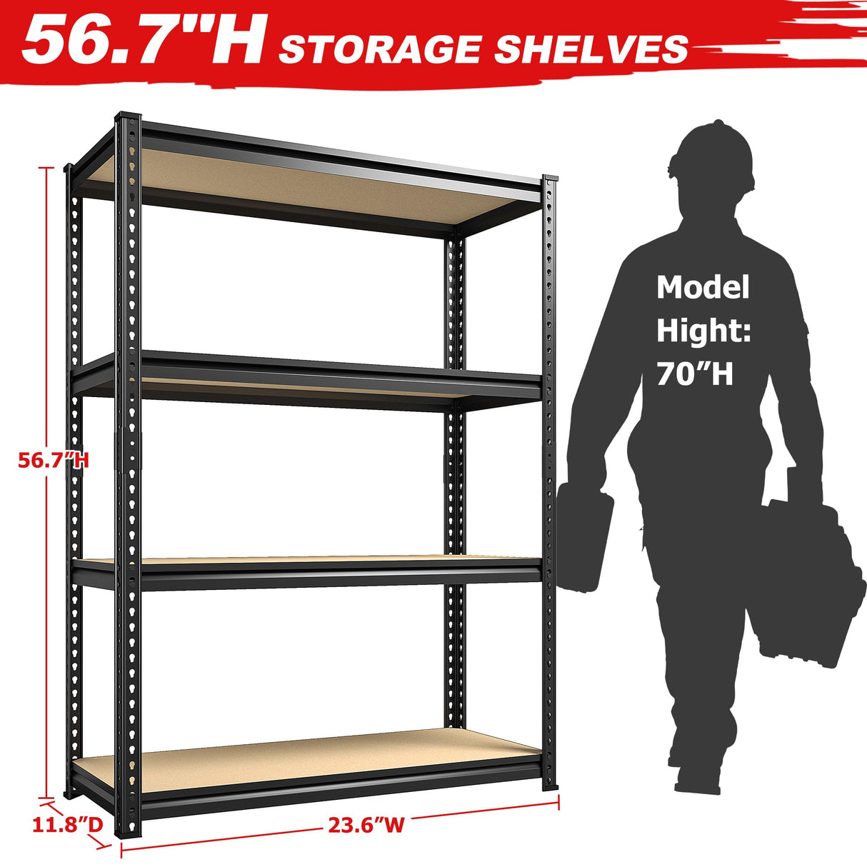 REIBII Storage Shelves Adjustable Metal Shelving 1600LBS Garage Shelves Industrial Metal Shelves 4 Tier Garage Shelving for Warehouse Basement Kitchen Pantry Closet, 11.8" D x 23.6" W x 56.7" H REIBII