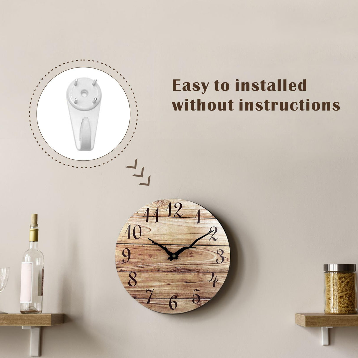 Plumeet Small Wall Clock, 10'' Frameless Wooden Wall Clocks with Silent Quartz Movement, Rustic Country Village Walnut Clocks Decorative for Kitchen Bedroom Living Room, Brown Plumeet