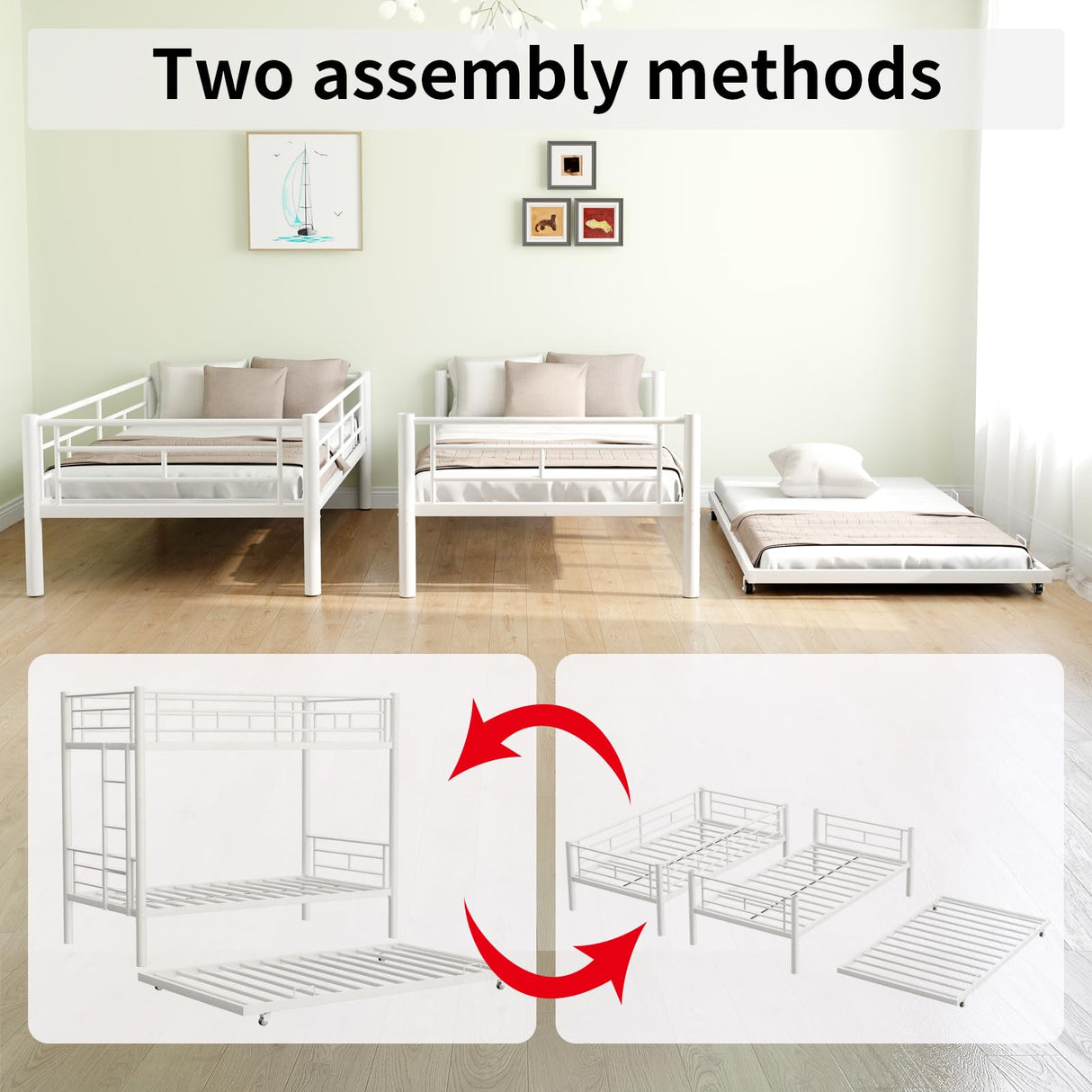 Zyerch Twin Over Twin with Trundle Bunk Bed Frame,Heavy Duty Solid Metal Bunkbed with 2 Ladders and Guardrail,Convertible Bunk Beds,No Box Spring Needed Twin Over Twin Beds Frame for Adults,White Zyerch