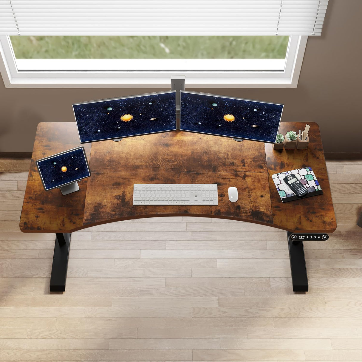 Electric Standing Desk,55 x 30 Inches Ergonomic Height Adjustable Desk with 4 Memory Settings, Stand Up Computer Desk for Home Office with Splice Board, Black Frame/Rustic Brown Top HEONAM