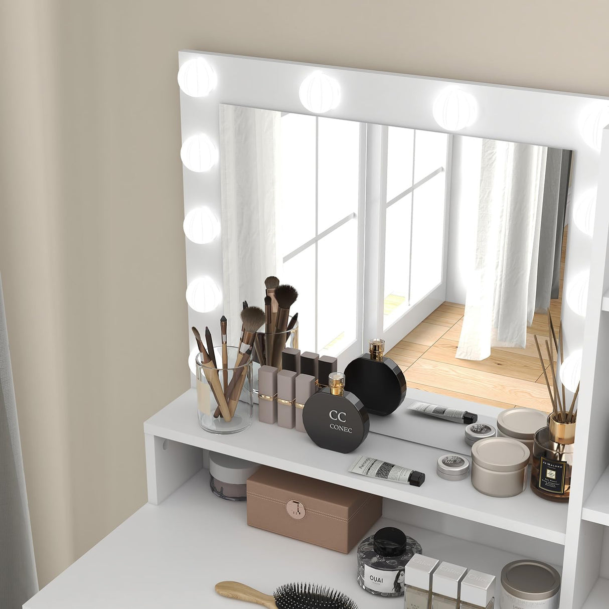 Vanity Desk, Vanity Mirror with Lights and Table Set with 1 Big Drawers, 1 Cabinet & 4 Shelves Makeup Vanity Set 3 Lighting Modes Brightness Adjustable Dressing Table (White) Panana