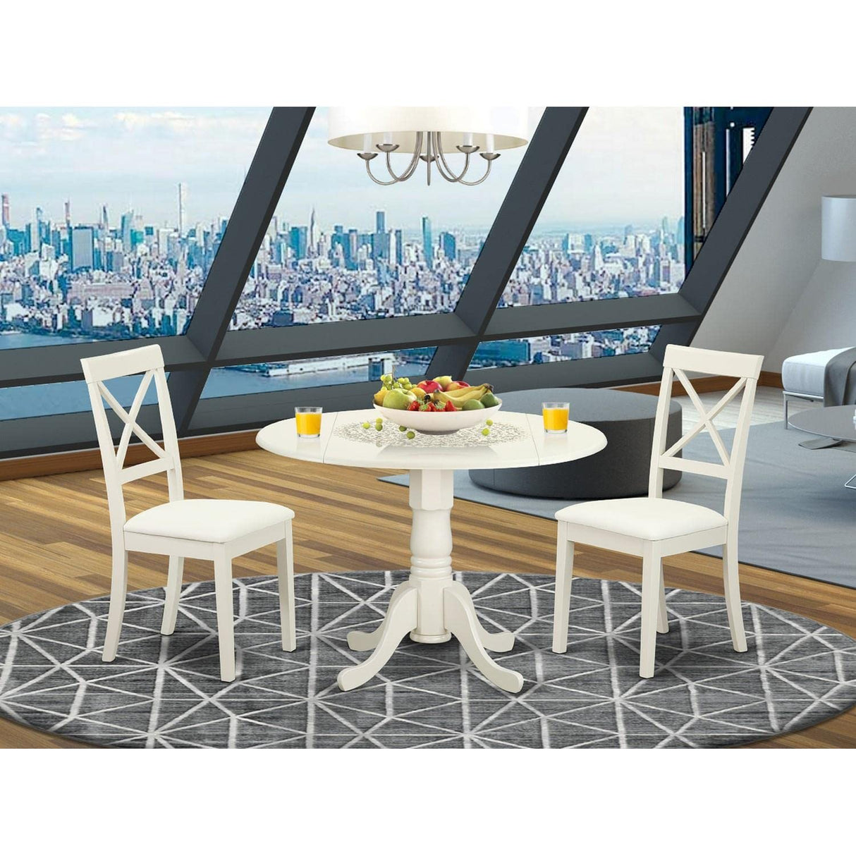 East West Furniture DLBO3-LWH-LC 3 Piece Modern Dining Table Set Contains a Round Wooden Table with Dropleaf and 2 Faux Leather Kitchen Dining Chairs, 42x42 Inch, Linen White East West Furniture