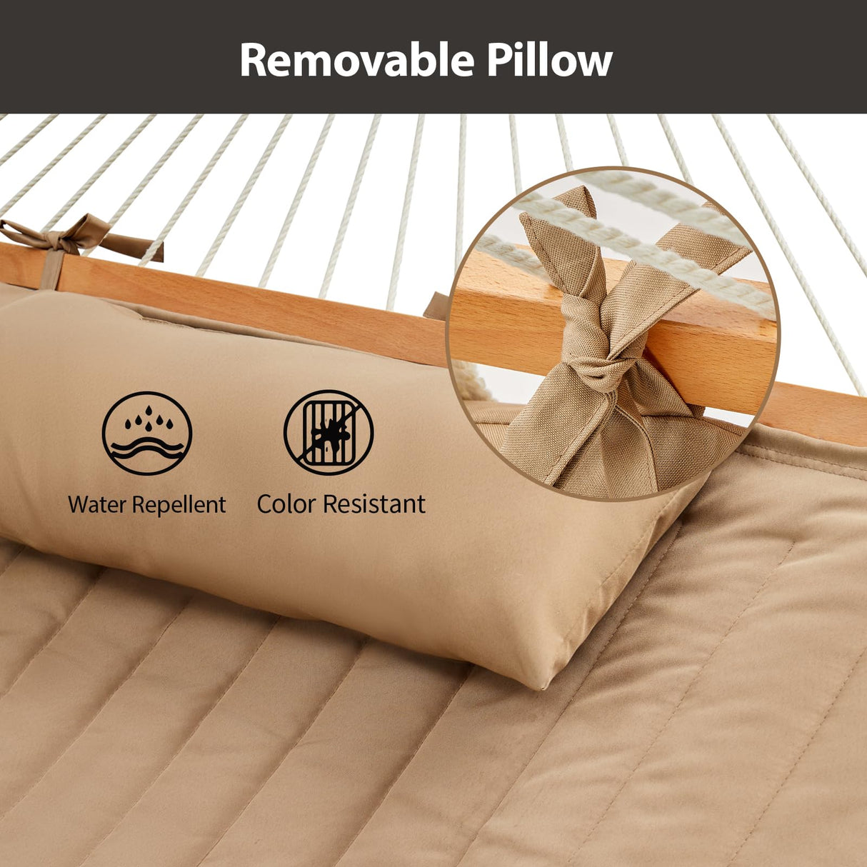 CHULIM Outdoor Double Hammock with Hardwood Spreader Bars, Cotton Rope Hammock with Polyester Pad and Pillow, 475 LBS Capacity 2 Person Hammock, Large Hammock for Patio Backyard Poolside - Tan CHULIM