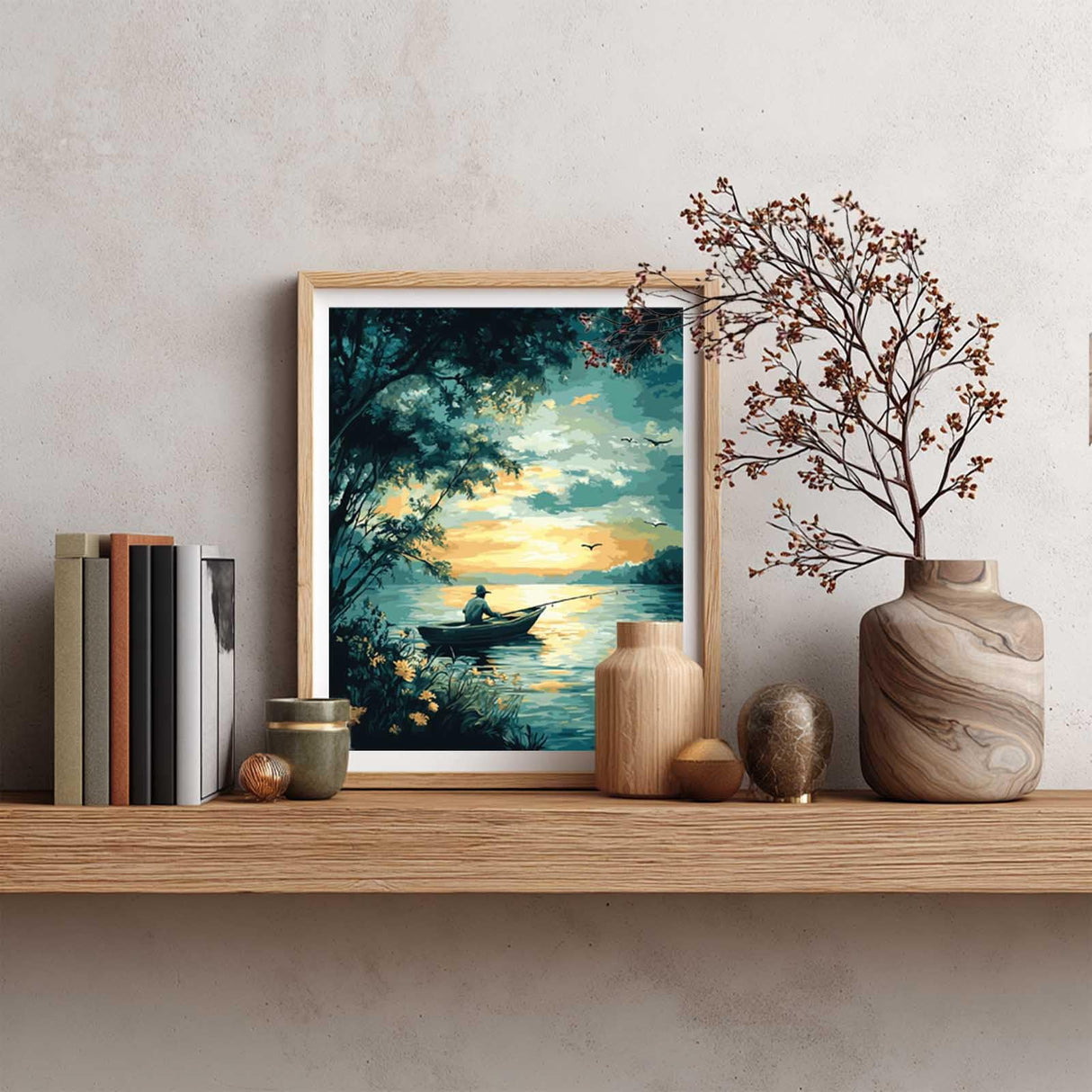 Fishing Paint by Numbers Kit for Adults Beginner, Paint by Number Fisherman, Fishing Boat on Lake at Sunset Acrylic Painting on Canvas for Gift, Landscape Home Wall Decor(16x20inch, No Frame) Cawpom