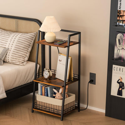 keomaisyto 3-Tier Bathroom Shelves with Power Strips, Ladder Shelf for Storage, Rustic Bathroom Stand Organizer, Display Nightstand with Space-Saving Design, Stylish Storage Solution for Home