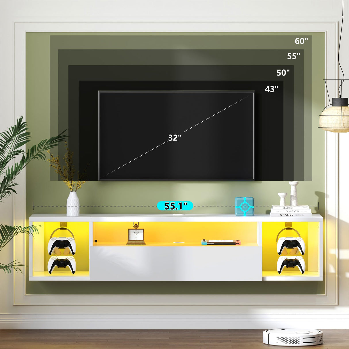 DlandHome Floating TV Stand with LED Lights,Wall Mounted TV Shelf with Led Lights, 55.1" Modern Entertainment Center Media Console with Storage,White DlandHome