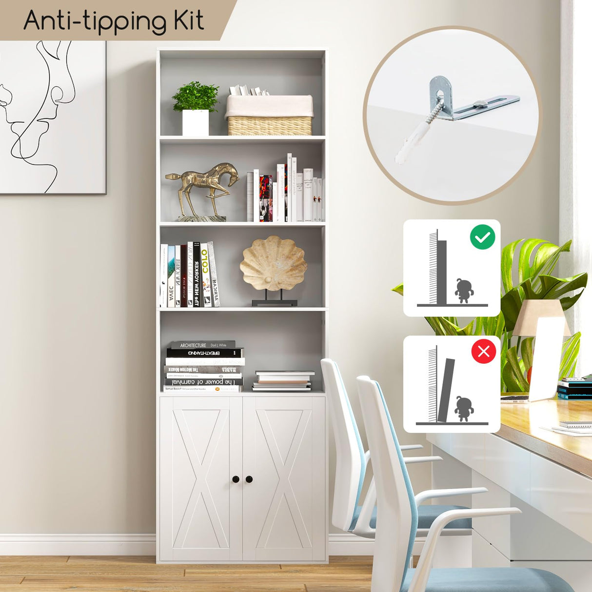 Tangkula Tall Bookcase with Doors, Farmhouse 71" H Freestanding Bookshelf with 6 Shelves & 2-Door Cabinet, Display Shelf with Adjustable Shelf for Living Room Study (White, 71") Tangkula