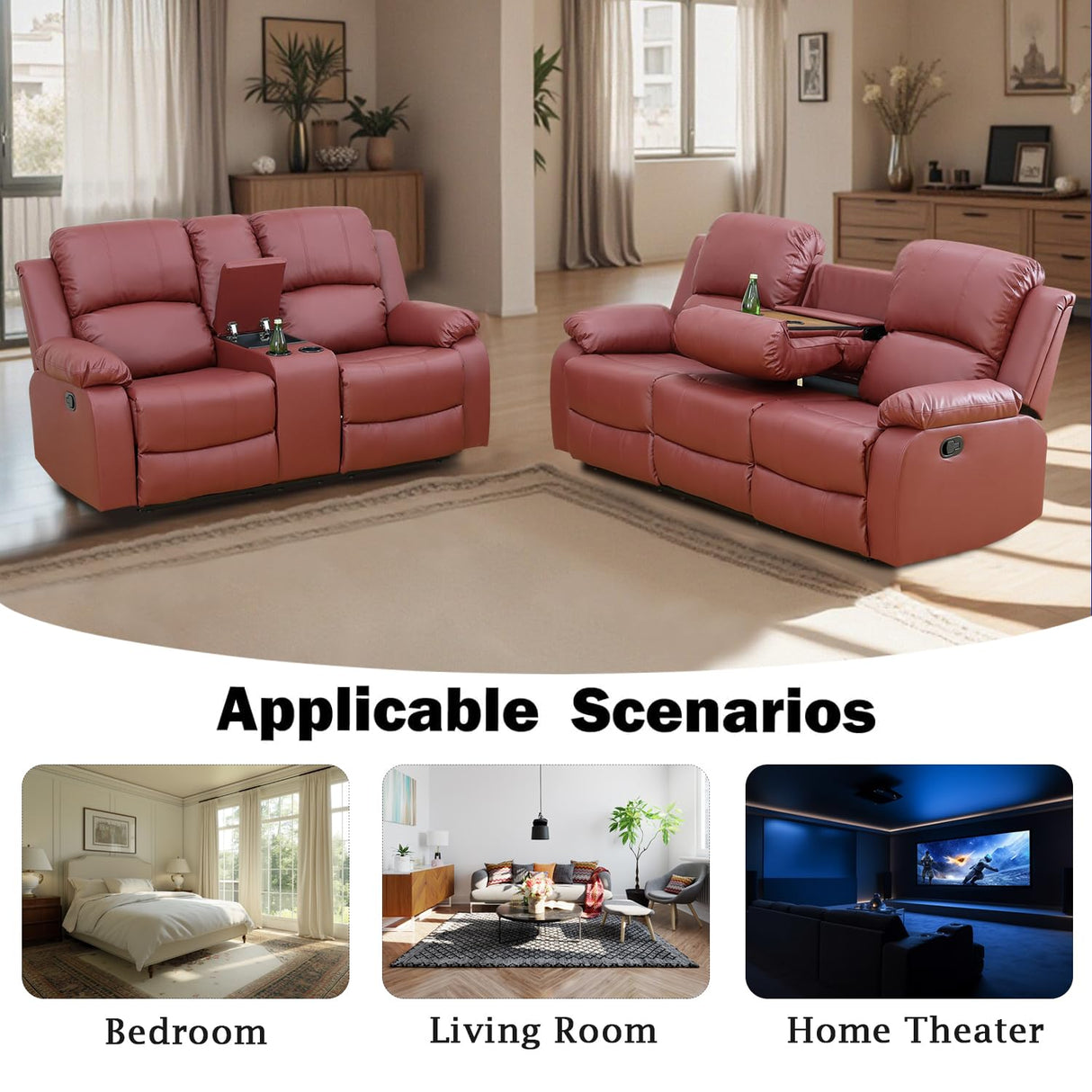 Caberryne 2 Pieces Leather Recliner Sofa Set,Recliner Sofa and Loveseat Sets for Living Room Furniture,Red Reclining Couch with 4 Recliners for Living Room/Office/Theater Seating(Sofa Set 2 Pieces) Caberryne