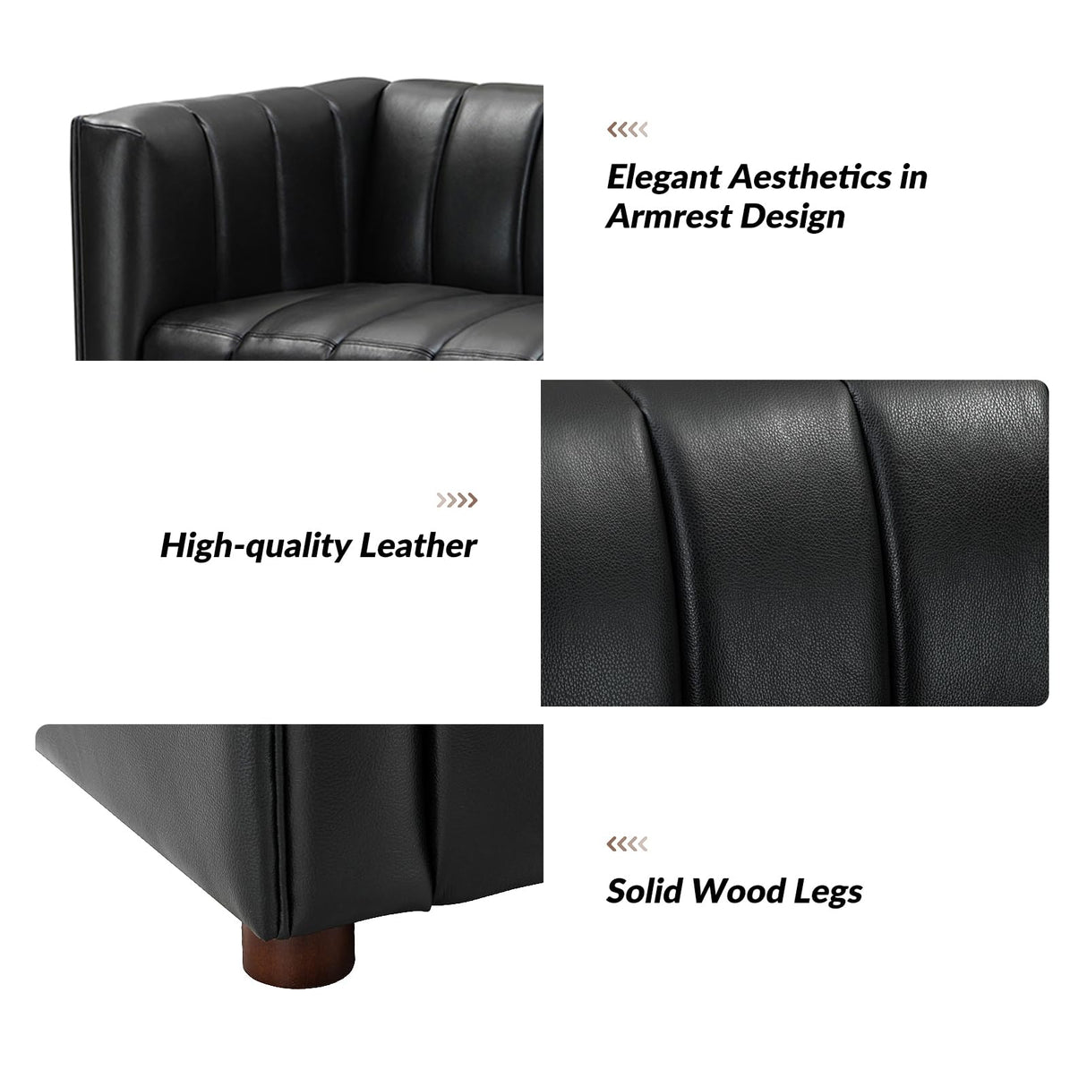 HULALA HOME 83" Genuine Leather Sofa with Channel Tufted Design, 3-Seater Sofa for Living Room Bedroom, Modern Oversized Couch with Wood Legs, Black HULALA HOME