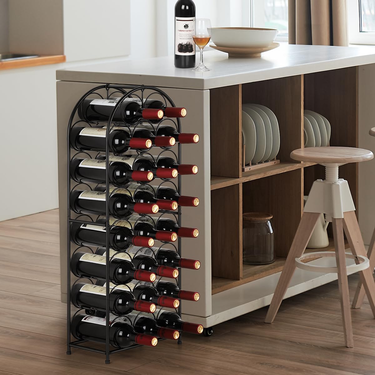 HEOMU 23 Bottles Wine Rack Freestanding Floor, 8 Tier Wine Bottle Holder Metal Floor Wine Rack, Wine Storage Organizer Display Rack for Kitchen Pantry Dining Room Living Room Bar, Black HEOMU