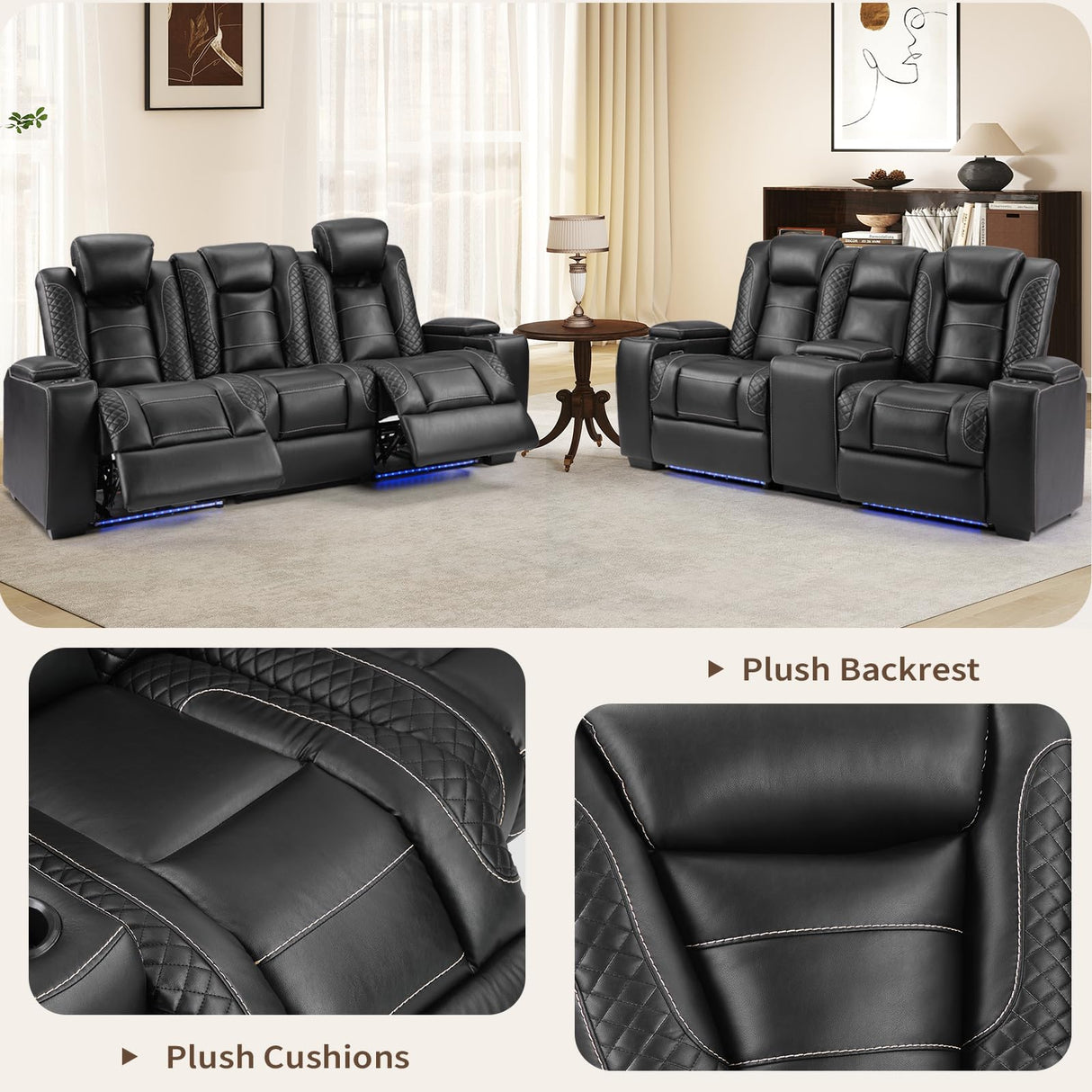 ANJ Modular Power Recliner Set: 5-Seat Home Theater Seating with 2 Loveseats (Center Console & Fixed Middle), LED Lights, USB Charging, Faux Leather for Living Room (Black) ANJ