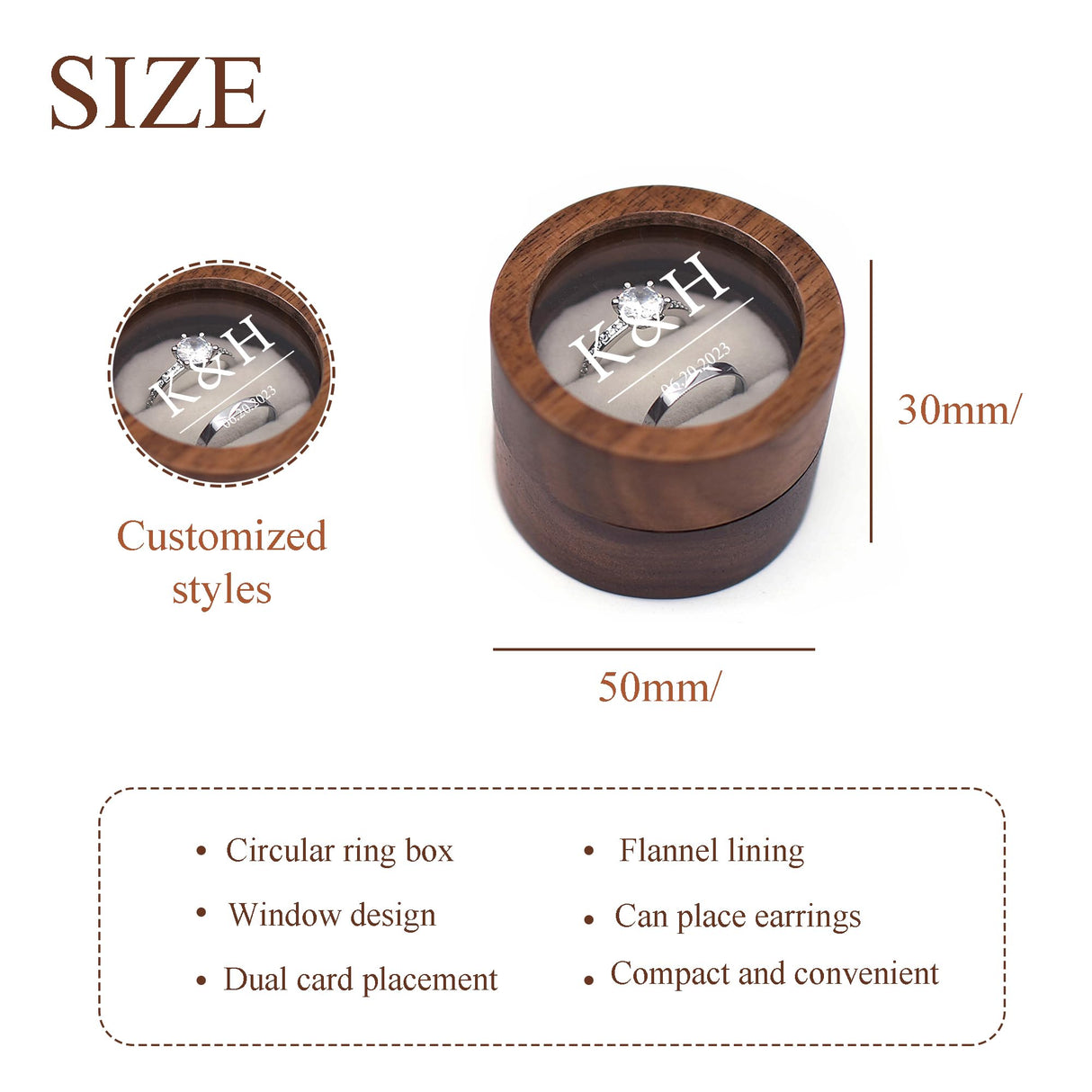 Personalized Wedding Ring Box, Double Ring Wooden Boxes for Ceremony, Custom Printed Name Clear Acrylic Cover, Elegant and Retro Round Ring Holder with Name & Date, Bridal Gift for Her BJZLWJ