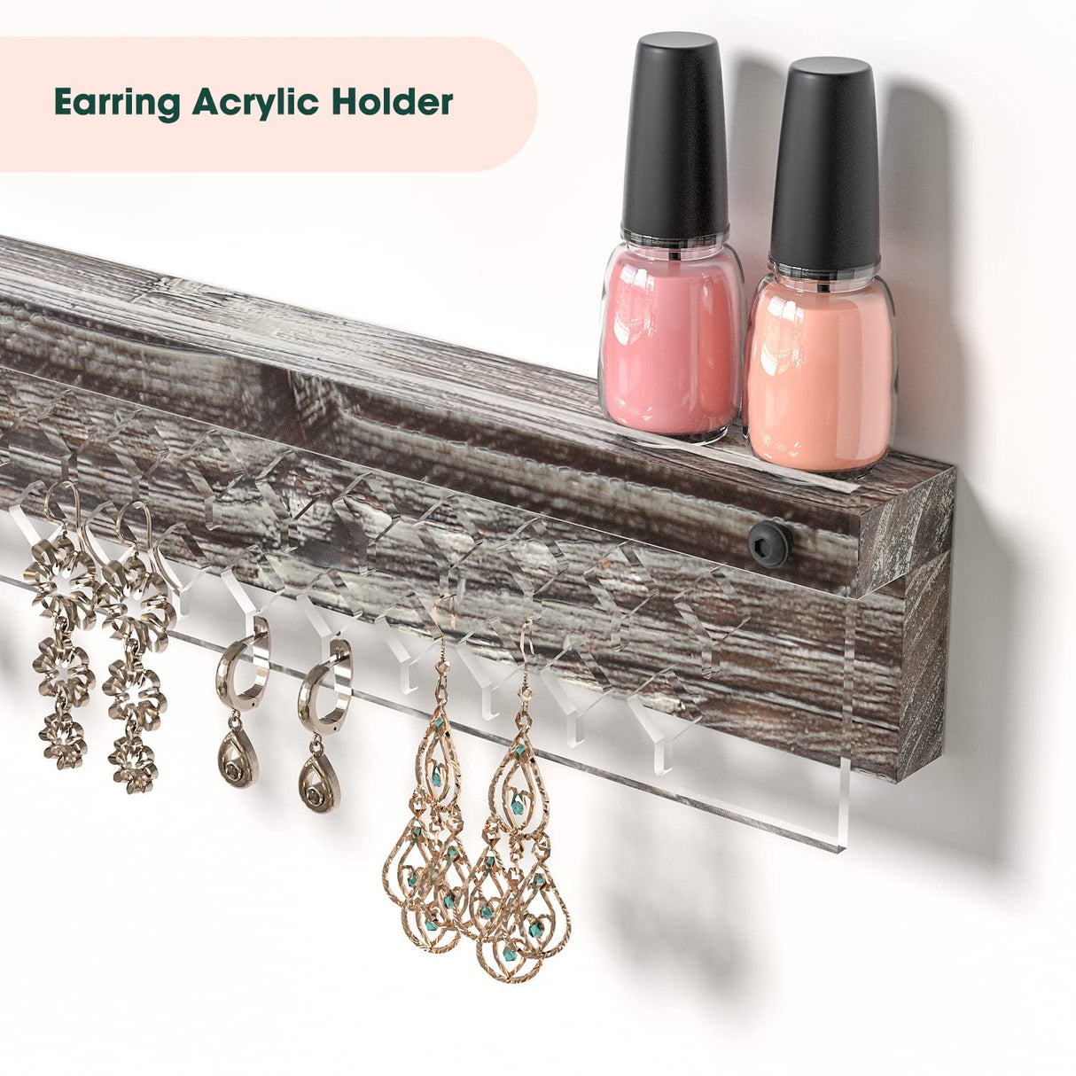 J JACKCUBE DESIGN Wall Mount Necklace Holder Jewelry Hanger with 23 Hook Necklace & Bracelet Racks, Rustic Farmhouse Wood Earring Display with Clear Acrylic - MK585A J JACKCUBE DESIGN