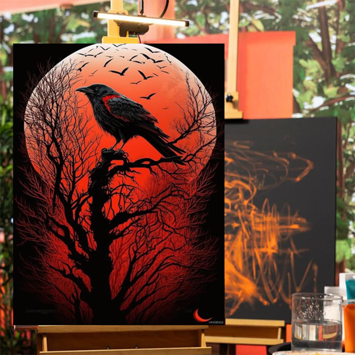 Raven with a Red Moon Diamond Painting, Diamond Art Kit for Beginners, DIY Diamond Painting with Gemstone Crystal Home Wall Decor 12x16 inch HMDIIMGE