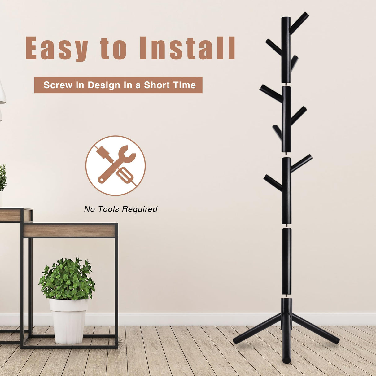 Azaeahom Wooden Coat Rack, Free Standing Coat Rack with 8 Hooks 3 Adjustable Heights for Clothes, Hats, Handbags, Coat Tree Easy Assembly for Entryway, Bedroom, Hallway, Office (New Black) Azaeahom