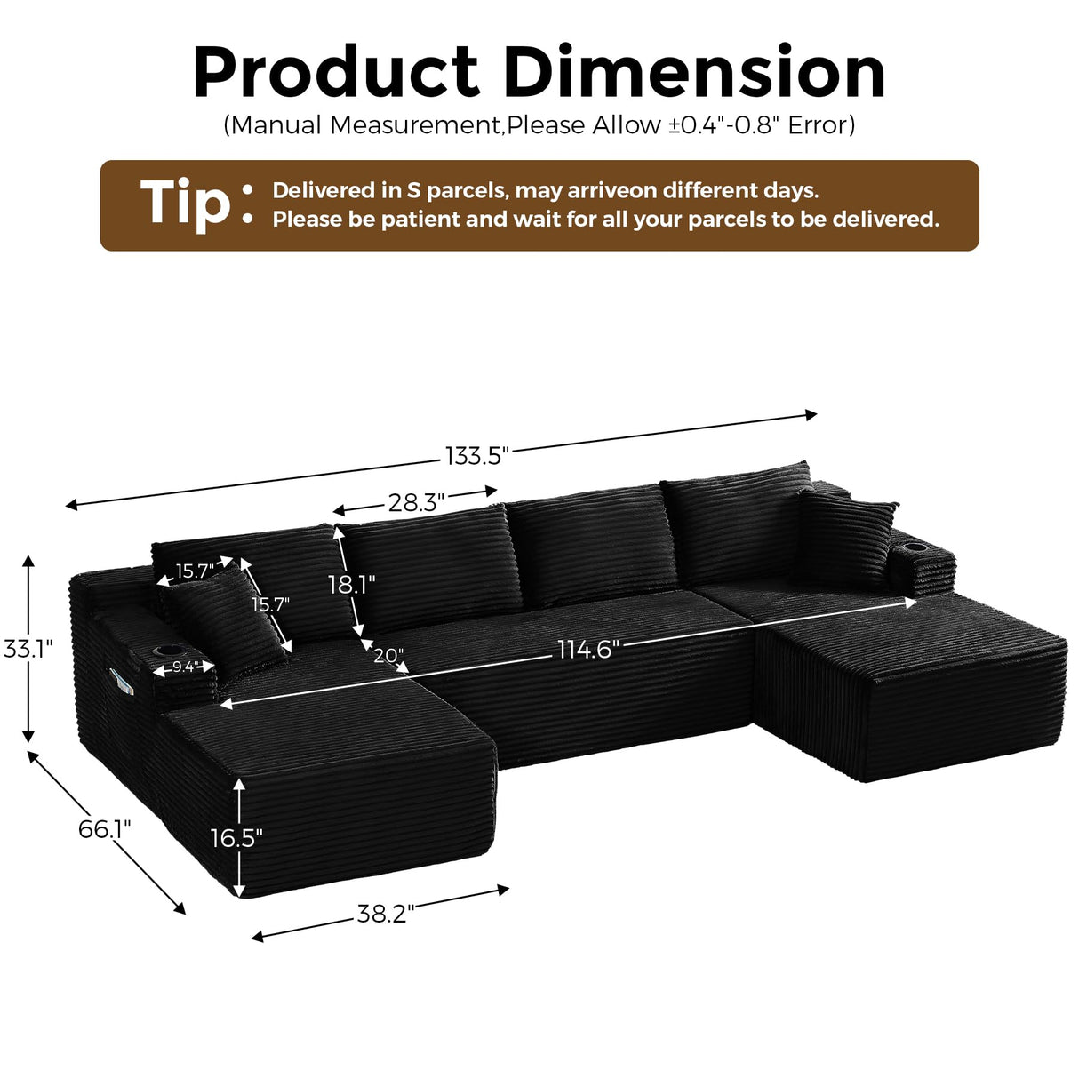 133" Oversized Cloud Boneless Sofa Couch with Chaise, Modern Corduroy U Shaped Modular Sectional Sofa with Deep Seat, Comfy Couch with Cupholders and Storage, No Assembly Required-Black VYNELITO