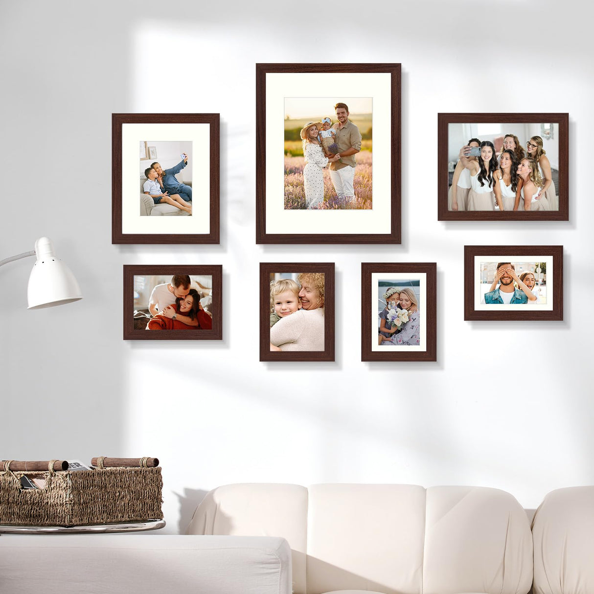 Golden State Art, Gallery Wall Frames, 11x14, 8x10, 5x7 Multiple Photo Frames Collage for Wall or Tabletop Displays with Mat or without Mat (Brown, 7 Pack) Golden State Art