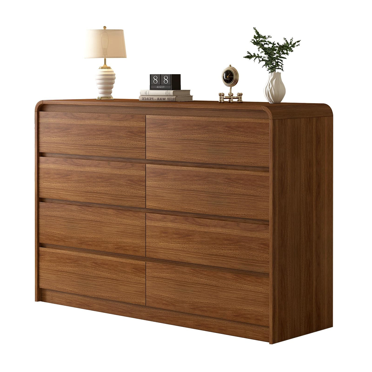 Messenya Modern 8-Drawer Dresser 55-Inch Wide, Curved Anti-Collision Design, Mid-Century Storage Cabinet with Pre-Embedded Slots, Sturdy Reusable, Ideal for Bedroom/Living Room/TV (Brown, 8-55.1) Messenya