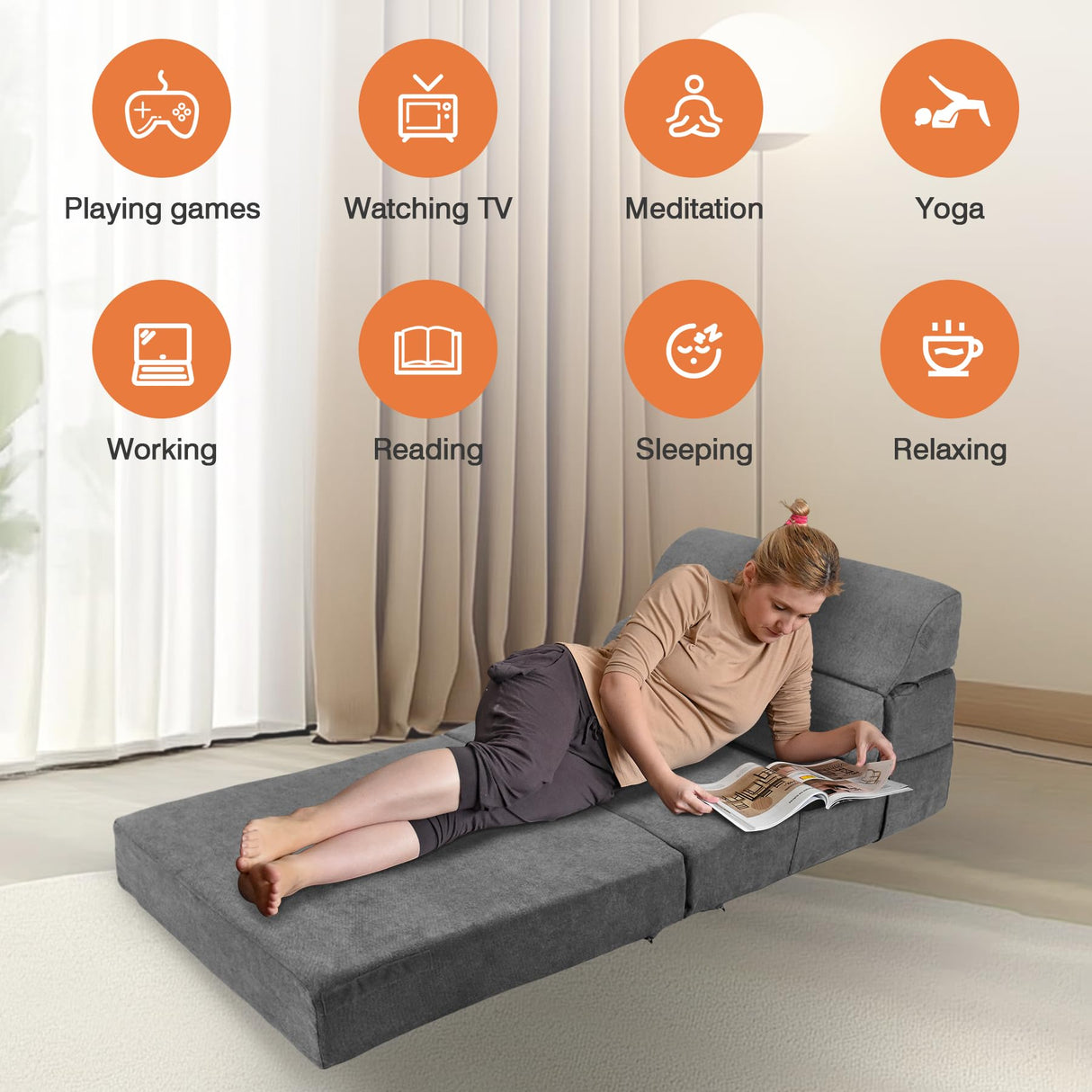 LitaiL Comfy Folding Sofa Bed - Grey Convertible Sleeper Sofa Fold Out Sleeper Chair Couch for Living Room Bedroom Guest, Foldable Floor Chair Lounger Mattress with Back Support for Travel, Camping LitaiL