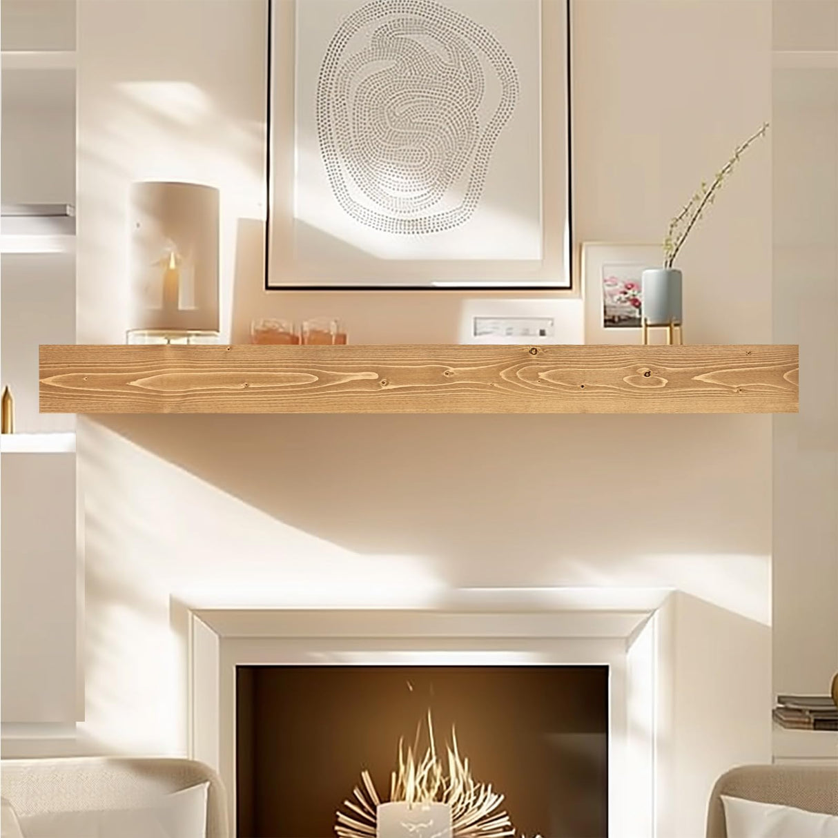 ABSWHLM 60x8x3 Fireplace Mantel - Handcrafted Hollow Rustic Solid Wood Wall Mounted Floating Shelf with Invisible Heavy Duty Wood Bracket (Natural Wood) ABSWHLM