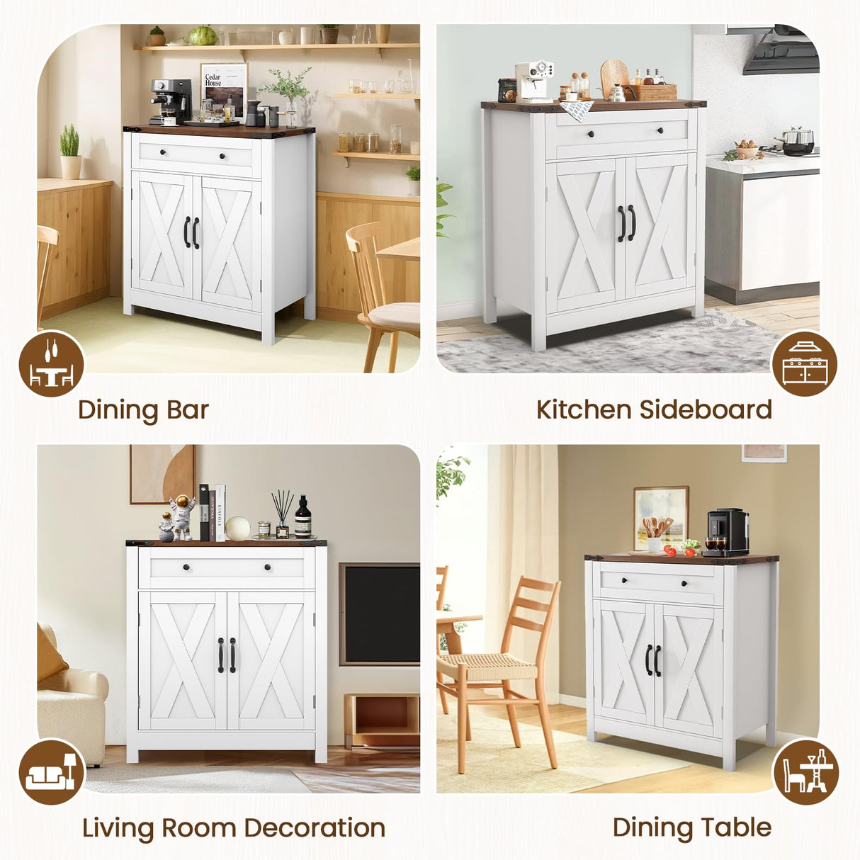 GRUSIGN 30" Coffee Bar Station, Kitchen Sideboard Buffet Cabinet with a Drawer and Adjustable Shelf, Modern Farmhouse Storage Cabinet for Kitchen, Living Room, Entryway, White GRUSIGN