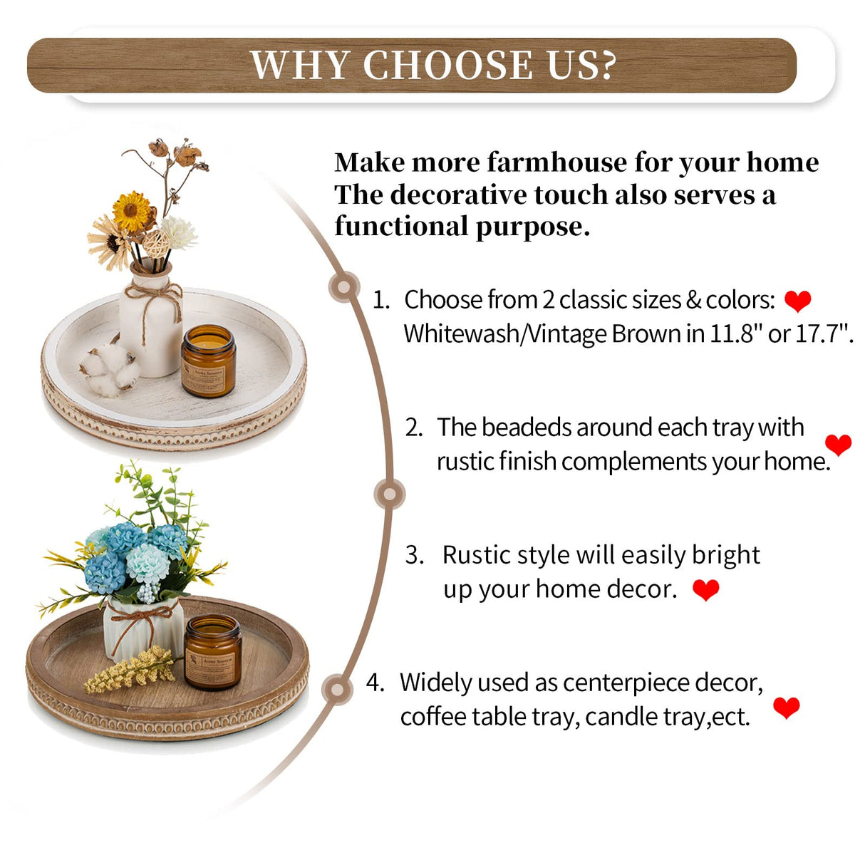 Hanobe Decorative Serving Tray Wood: White Washed Bead Round Tray Decor for Coffee Table Rustic Wooden Trays Farmhouse Centerpiece for Living Room Kitchen Counter Hanobe