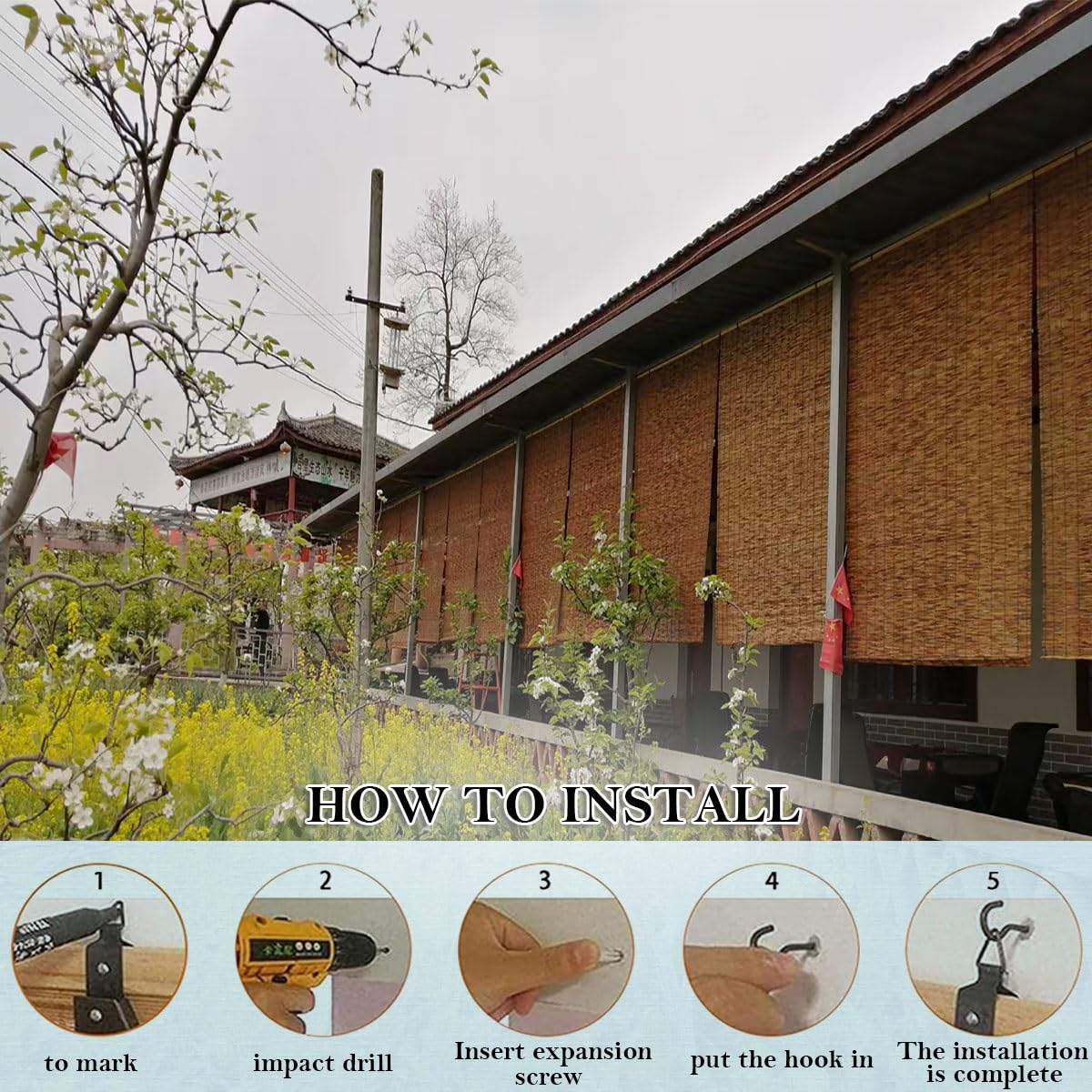 Bamboo Blinds for Interior Windows, Cordless Blackout Roller Shade Privacy Partition Natural Roll-up Reed Shades Retro Outdoor Bamboo Curtain 20 34 38 42 48 50 52 58 60 66 68 70 72 76in(32in x 64in(W KAKVSRBPER