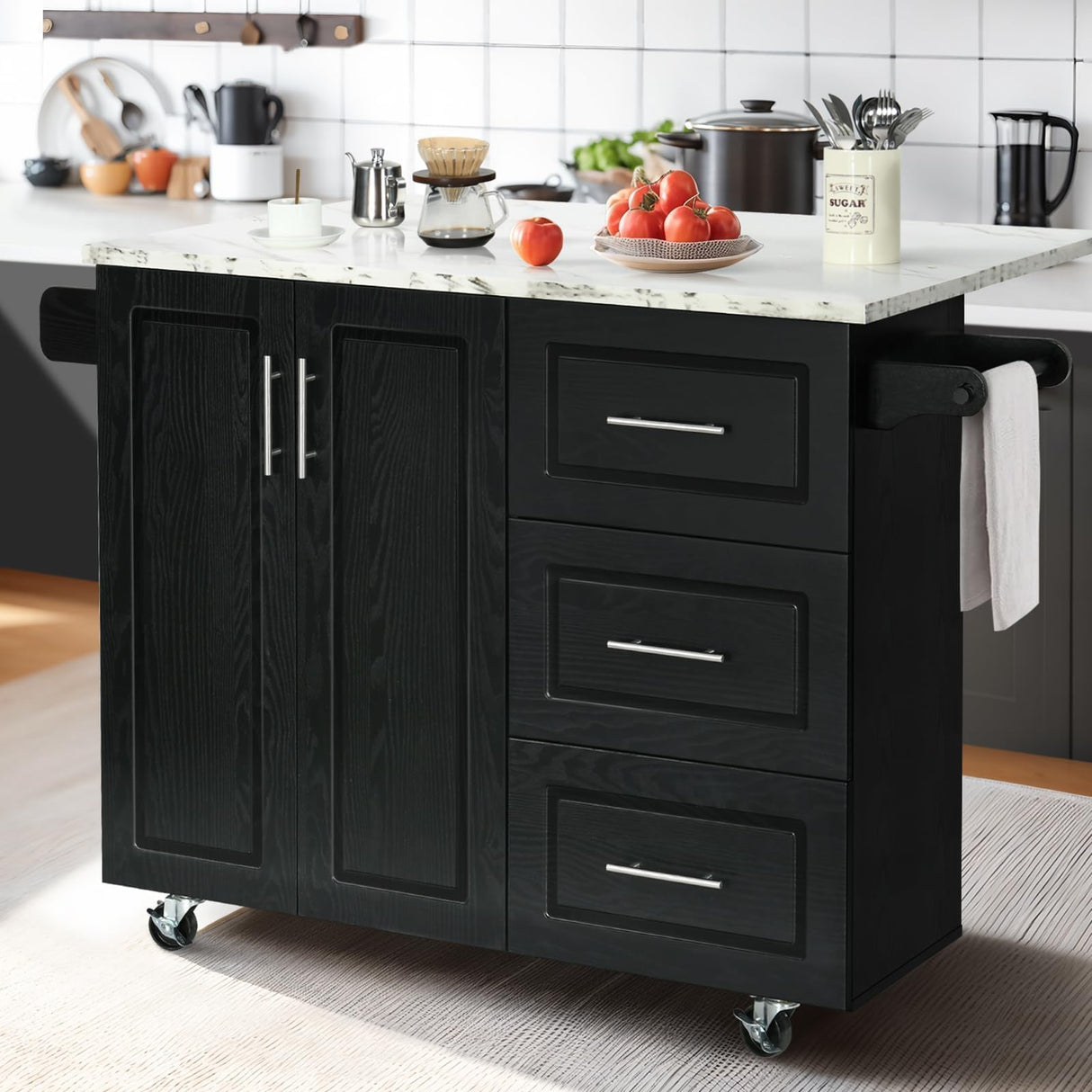 4 EVER WINNER Kitchen Island with Storage, White Marble Tabletop, Rolling Kitchen Island Cart on Wheels with Drop Leaf Breakfast Bar, Island Table for Kitchen with Towel Rack & Spice Rack, Black 4 EVER WINNER