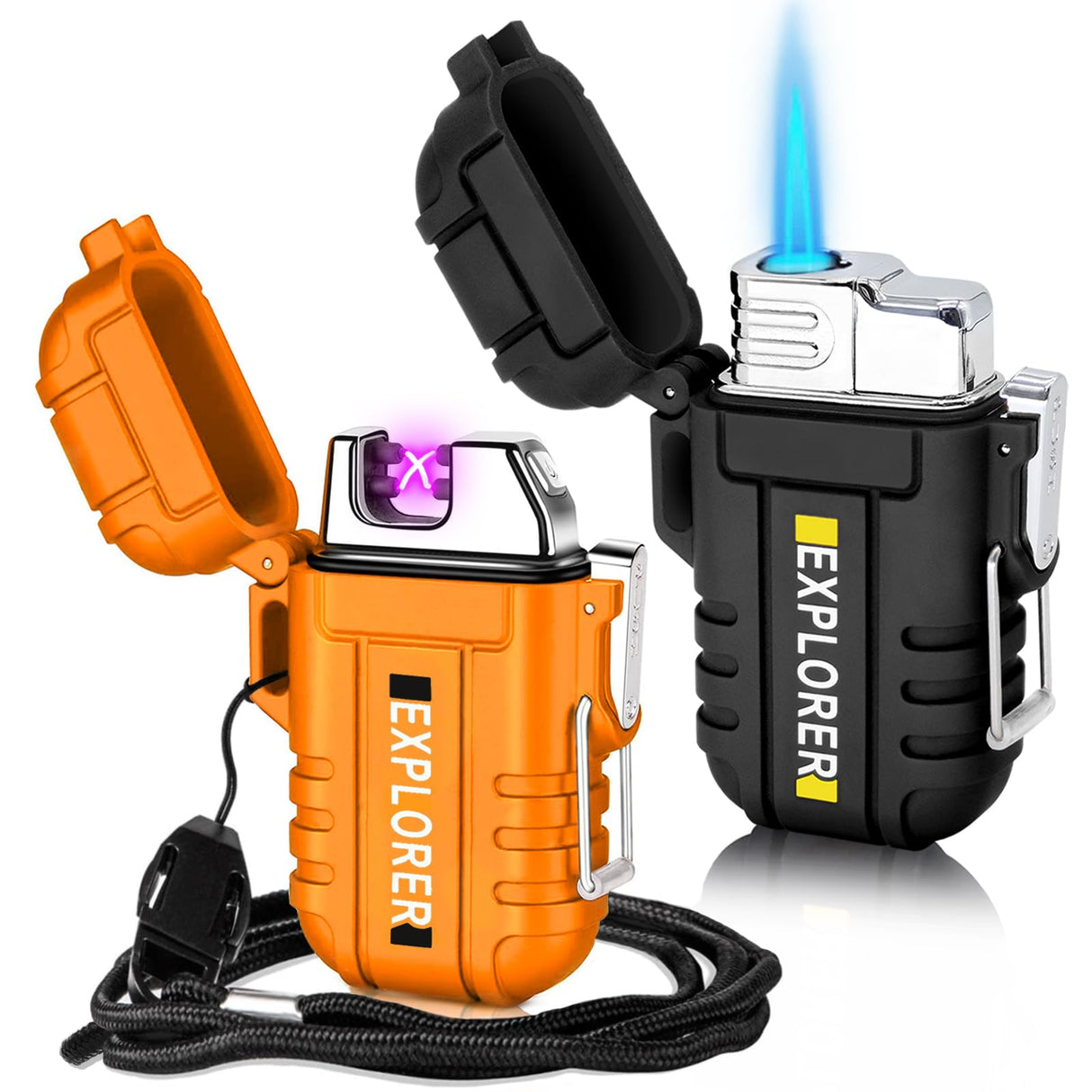 2 Pack Waterproof Lighter for Outdoor, Windproof Torch Lighter, Dual Arc Butane Electric Lighter, USB Rechargeable, Flameless Plasma Lighter for Camping Hiking Adventure Survival Tactical Gear Laffizz