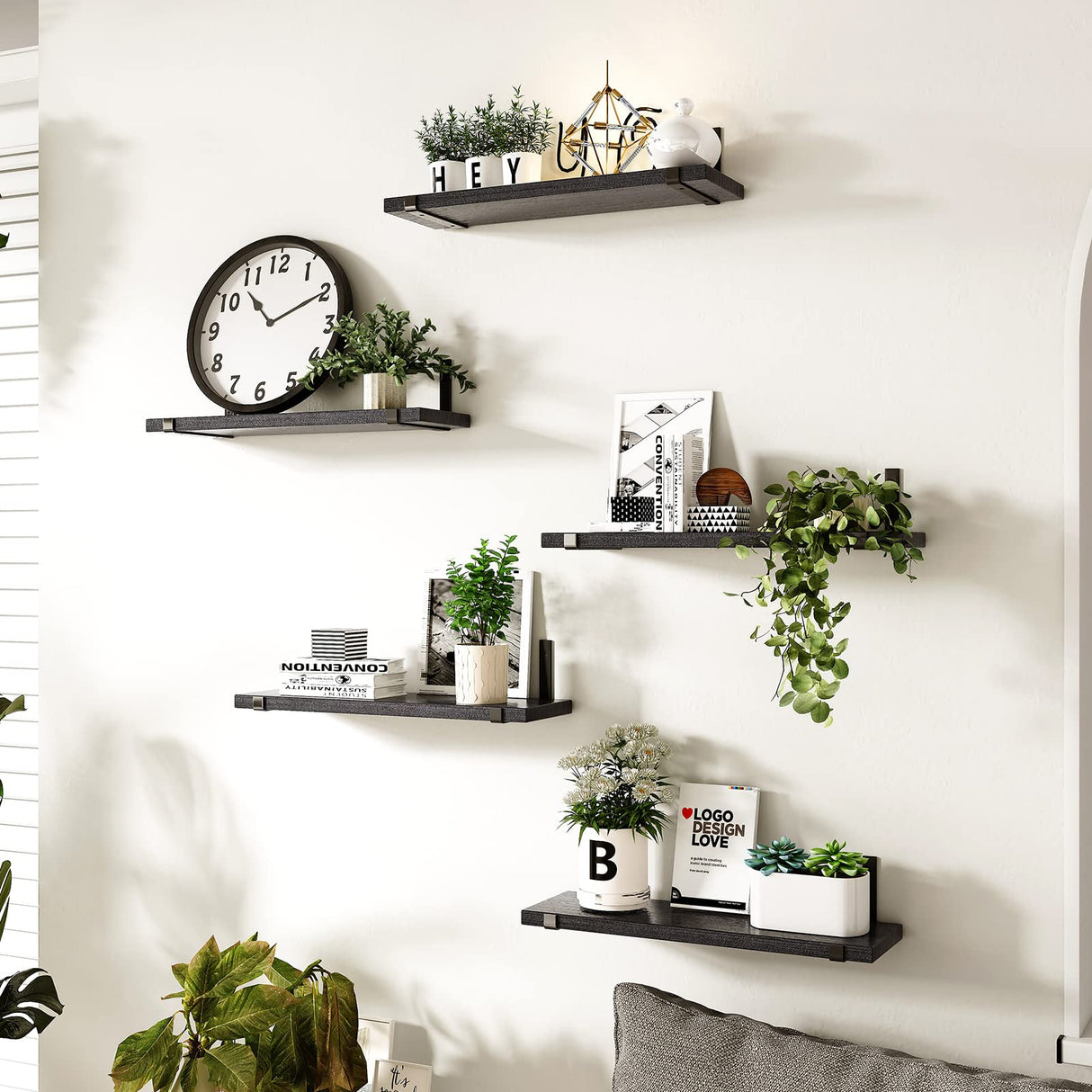 Fixwal Floating Shelves Set of 5, Width 4.7 Inches Black Wall Shelves, Rustic Wood Wall Storage Shelves for Bedroom, Living Room, Kitchen, Bathroom, Home Decor, Laundry Room, Office and Plants (Black) Fixwal