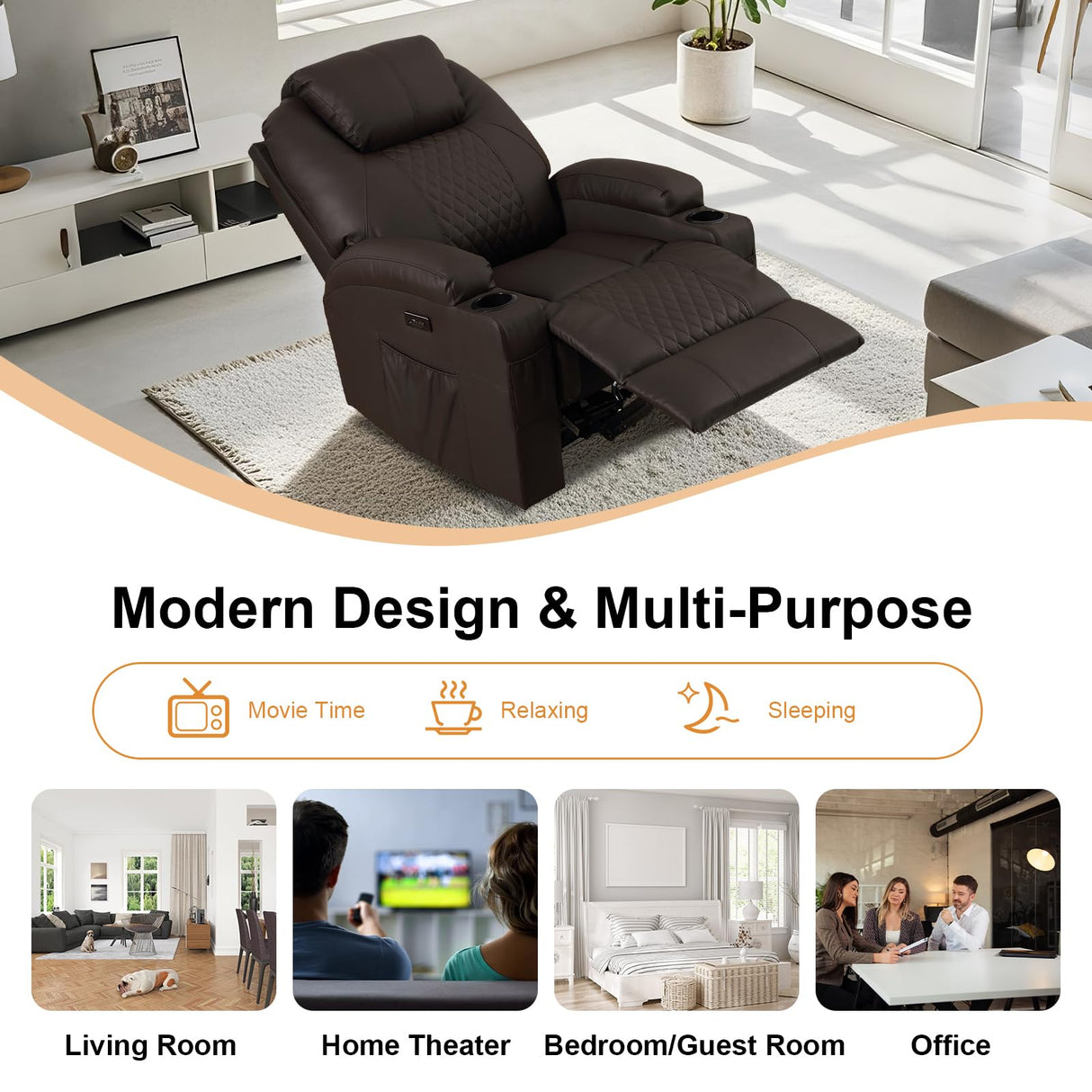 AHMED Power Recliner Chair with Vibration Massage & Heat for Adults, Faux Leather Home Theater Seating with Cup Holders/LED Lights/USB Ports/Side Pockets for Living Room, Brown AHMED