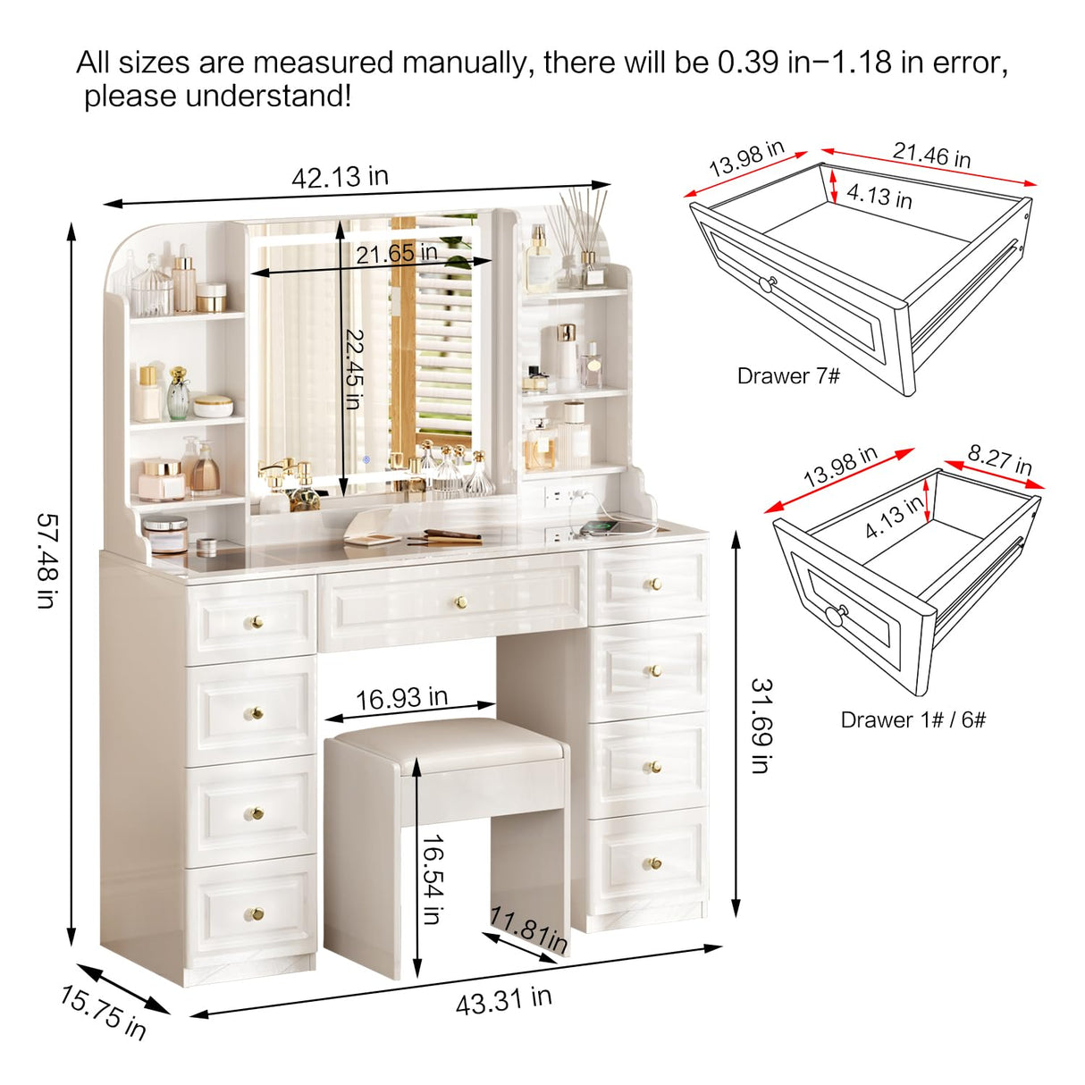 YYJ 42" Makeup Vanity Desk with Mirror and Lights, & Power Outl,Glass Top Big Vanity Table with 9 Drawers& 8 Storage Shelves,Vanity Table Set with Chair for Bedroom,White,W YYJ