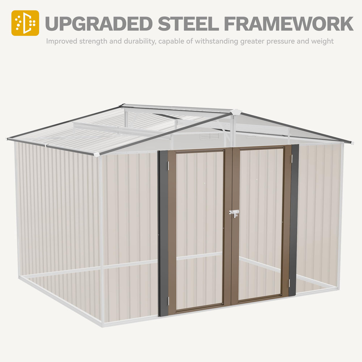 DWVO 10x8ft Metal Outdoor Storage Shed, Waterproof Tool Shed Heavy-Duty Storage Unit with Lockable Door and Vents, Ideal for Bicycles, Tools, Lawnmowers, Backyards, Patios, Lawns - Brown DWVO